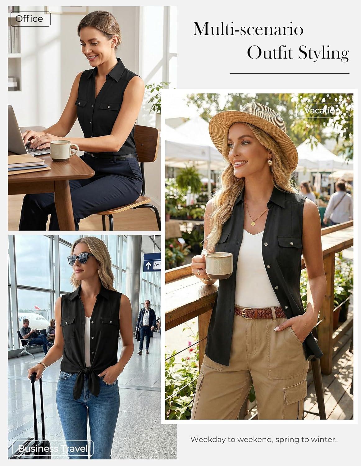 imageGRACE KARIN Women Sleeveless Button Down Shirts Summer Solid Dressy Casual Blouse V Neck Tank Top Business Work 2026 TrendyBlack