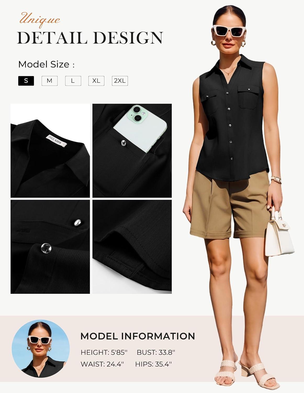 imageGRACE KARIN Women Sleeveless Button Down Shirts Summer Solid Dressy Casual Blouse V Neck Tank Top Business Work 2026 TrendyBlack