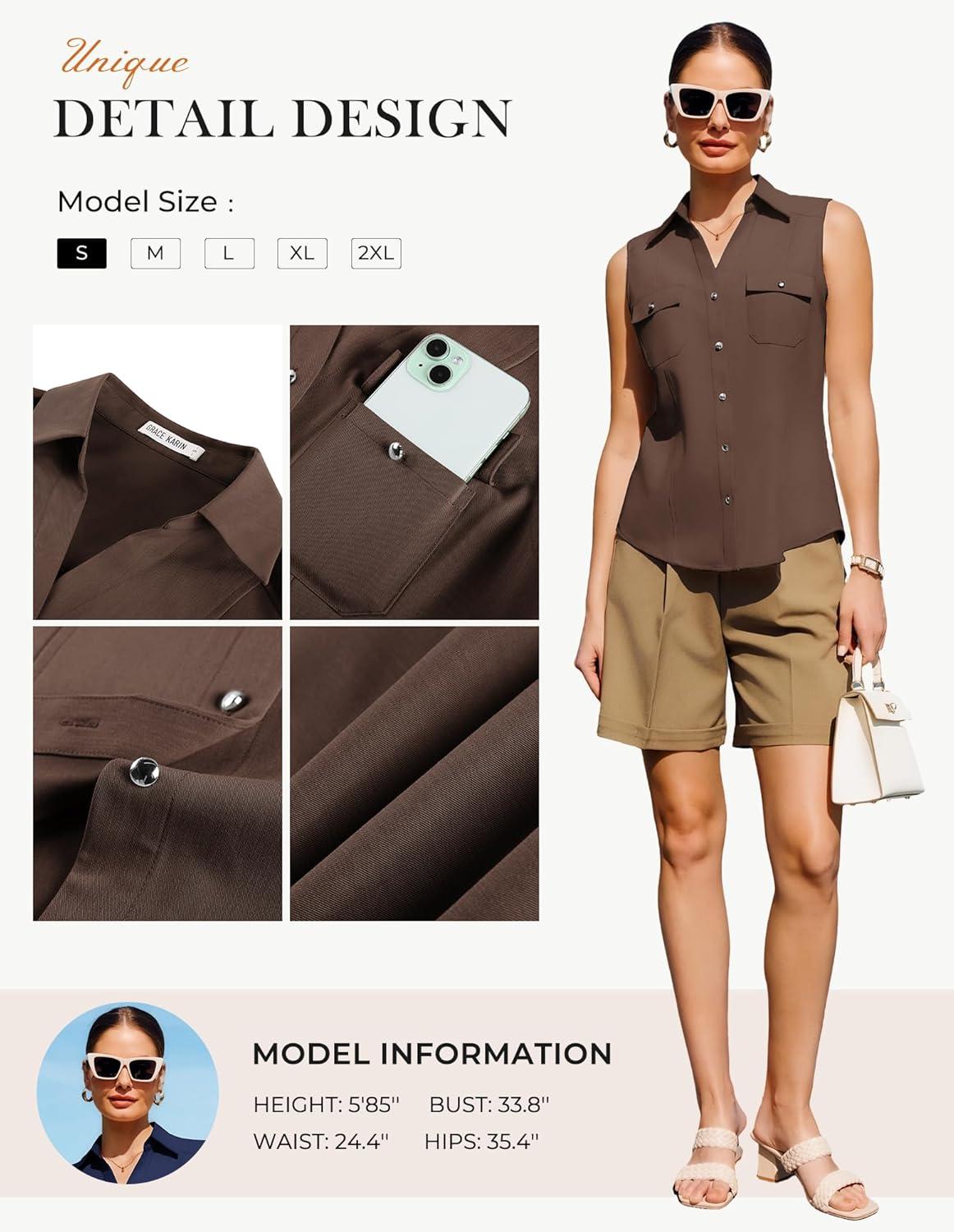 imageGRACE KARIN Women Sleeveless Button Down Shirts Summer Solid Dressy Casual Blouse V Neck Tank Top Business Work 2026 TrendyCoffee