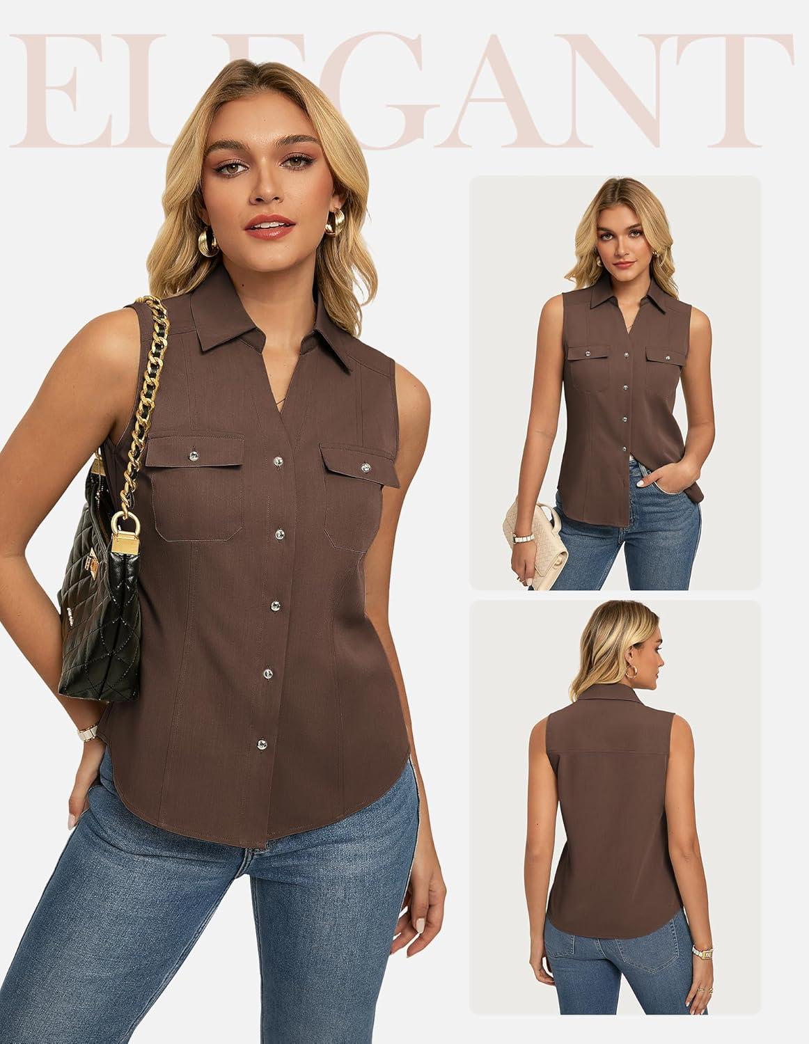 imageGRACE KARIN Women Sleeveless Button Down Shirts Summer Solid Dressy Casual Blouse V Neck Tank Top Business Work 2026 TrendyCoffee