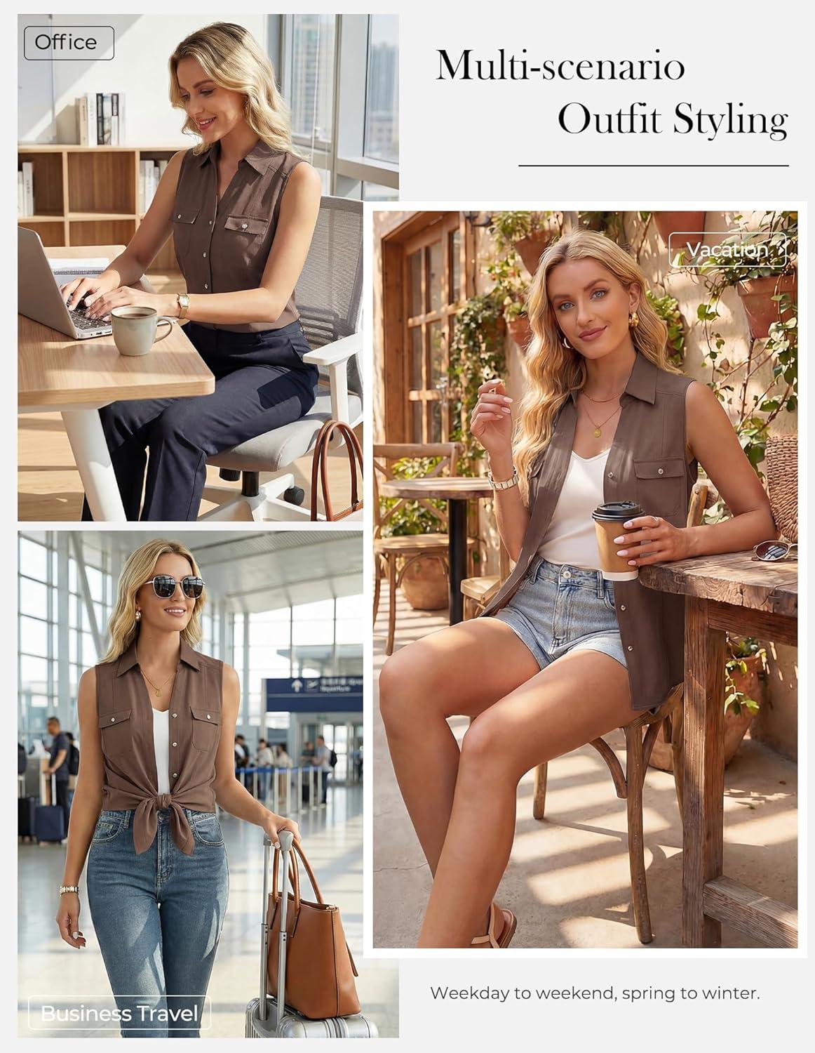 imageGRACE KARIN Women Sleeveless Button Down Shirts Summer Solid Dressy Casual Blouse V Neck Tank Top Business Work 2026 TrendyCoffee
