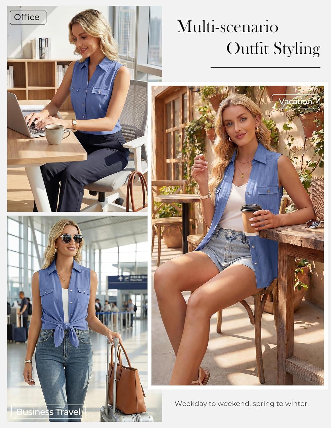 imageGRACE KARIN Women Sleeveless Button Down Shirts Summer Solid Dressy Casual Blouse V Neck Tank Top Business Work 2026 TrendyDark Denim Blue