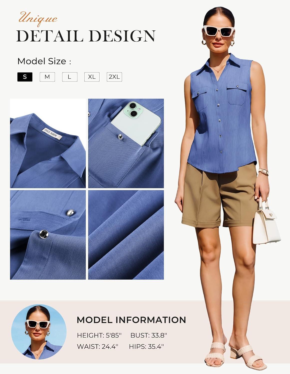 imageGRACE KARIN Women Sleeveless Button Down Shirts Summer Solid Dressy Casual Blouse V Neck Tank Top Business Work 2026 TrendyDark Denim Blue
