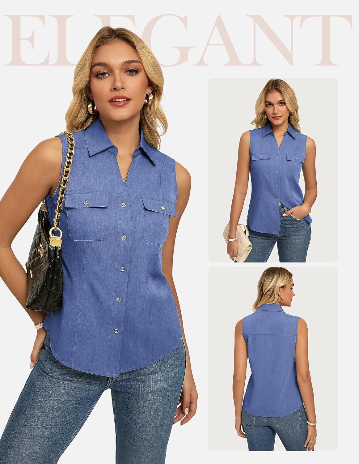 imageGRACE KARIN Women Sleeveless Button Down Shirts Summer Solid Dressy Casual Blouse V Neck Tank Top Business Work 2026 TrendyDark Denim Blue