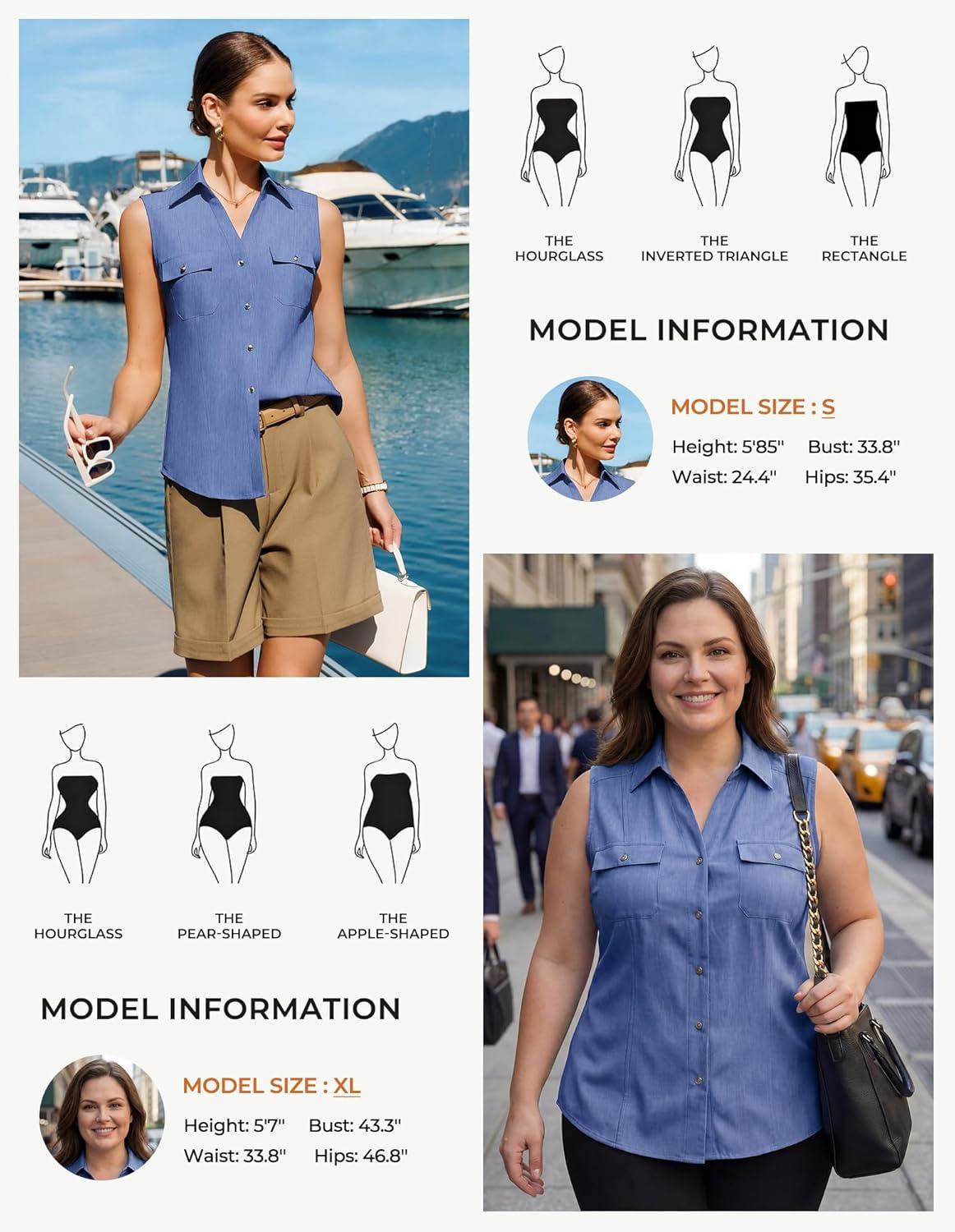 imageGRACE KARIN Women Sleeveless Button Down Shirts Summer Solid Dressy Casual Blouse V Neck Tank Top Business Work 2026 TrendyDark Denim Blue