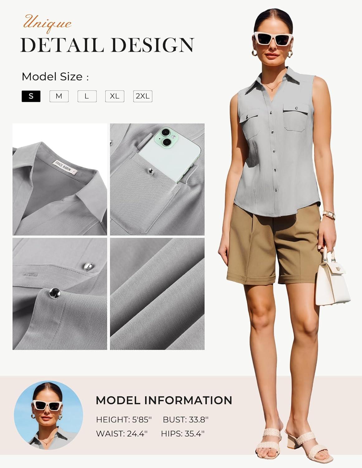 imageGRACE KARIN Women Sleeveless Button Down Shirts Summer Solid Dressy Casual Blouse V Neck Tank Top Business Work 2026 TrendyFlower Gray