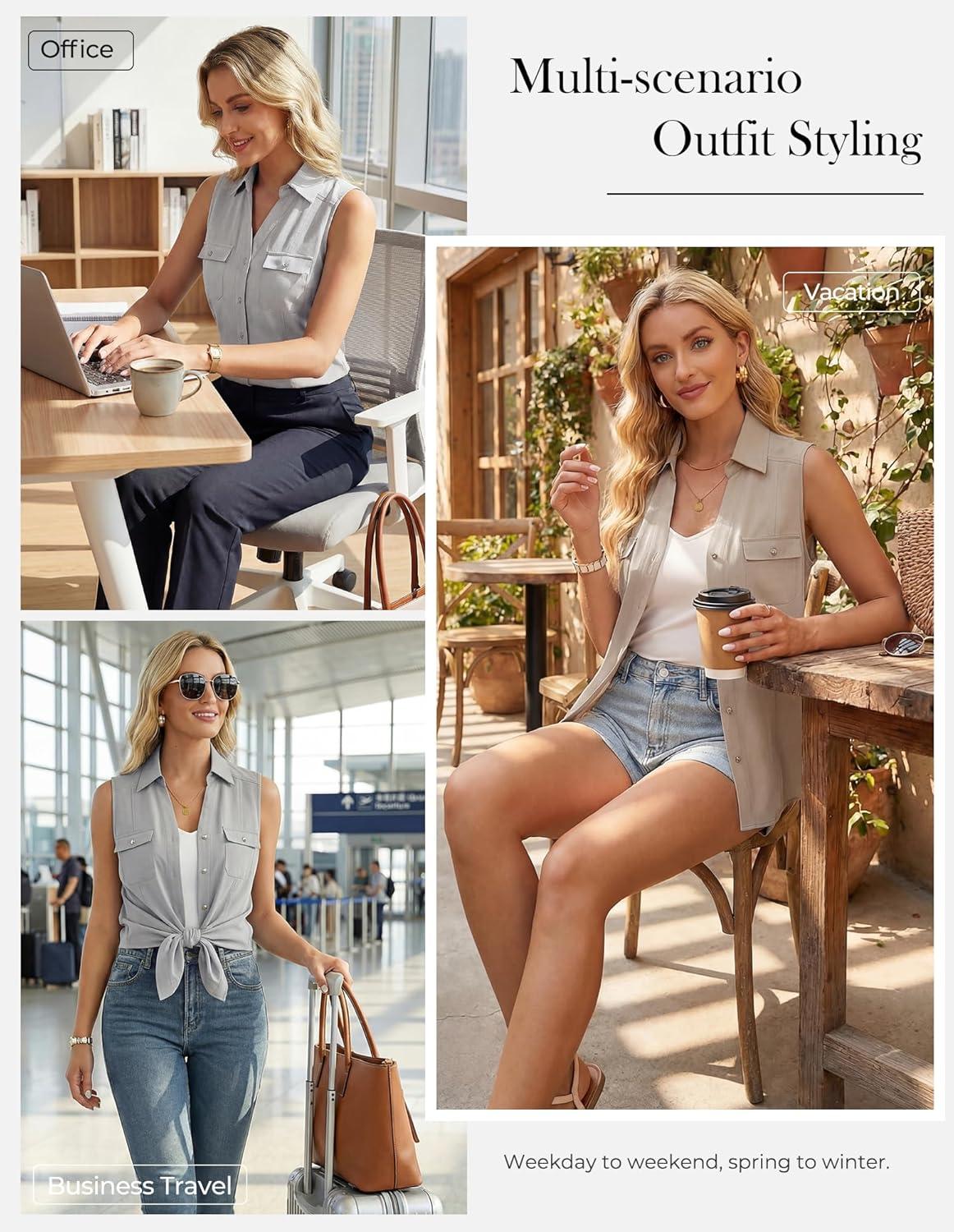 imageGRACE KARIN Women Sleeveless Button Down Shirts Summer Solid Dressy Casual Blouse V Neck Tank Top Business Work 2026 TrendyFlower Gray