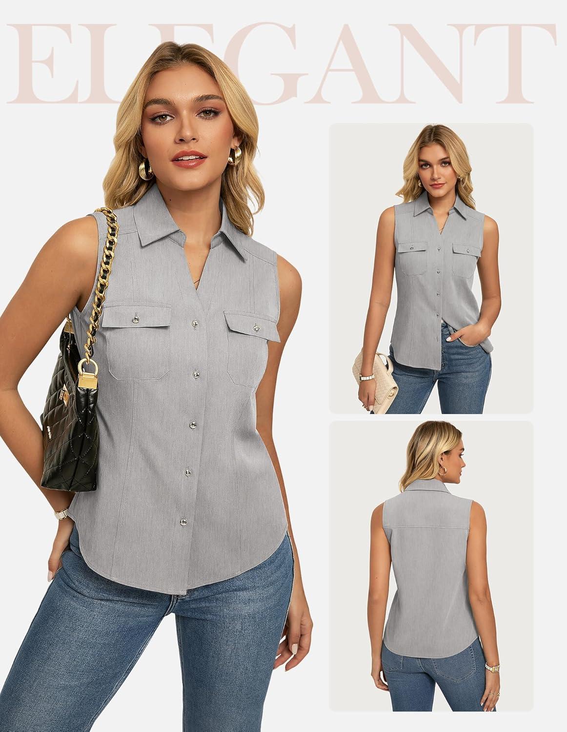 imageGRACE KARIN Women Sleeveless Button Down Shirts Summer Solid Dressy Casual Blouse V Neck Tank Top Business Work 2026 TrendyFlower Gray