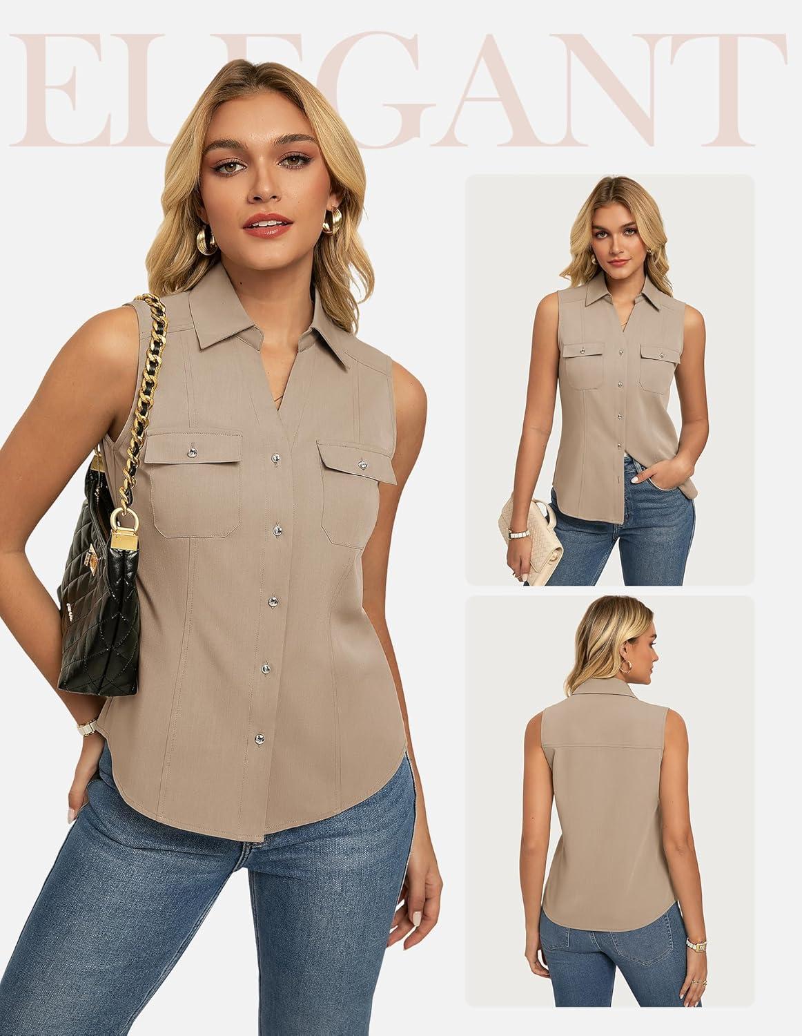 imageGRACE KARIN Women Sleeveless Button Down Shirts Summer Solid Dressy Casual Blouse V Neck Tank Top Business Work 2026 TrendyKhaki