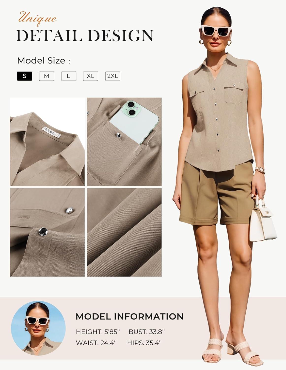 imageGRACE KARIN Women Sleeveless Button Down Shirts Summer Solid Dressy Casual Blouse V Neck Tank Top Business Work 2026 TrendyKhaki