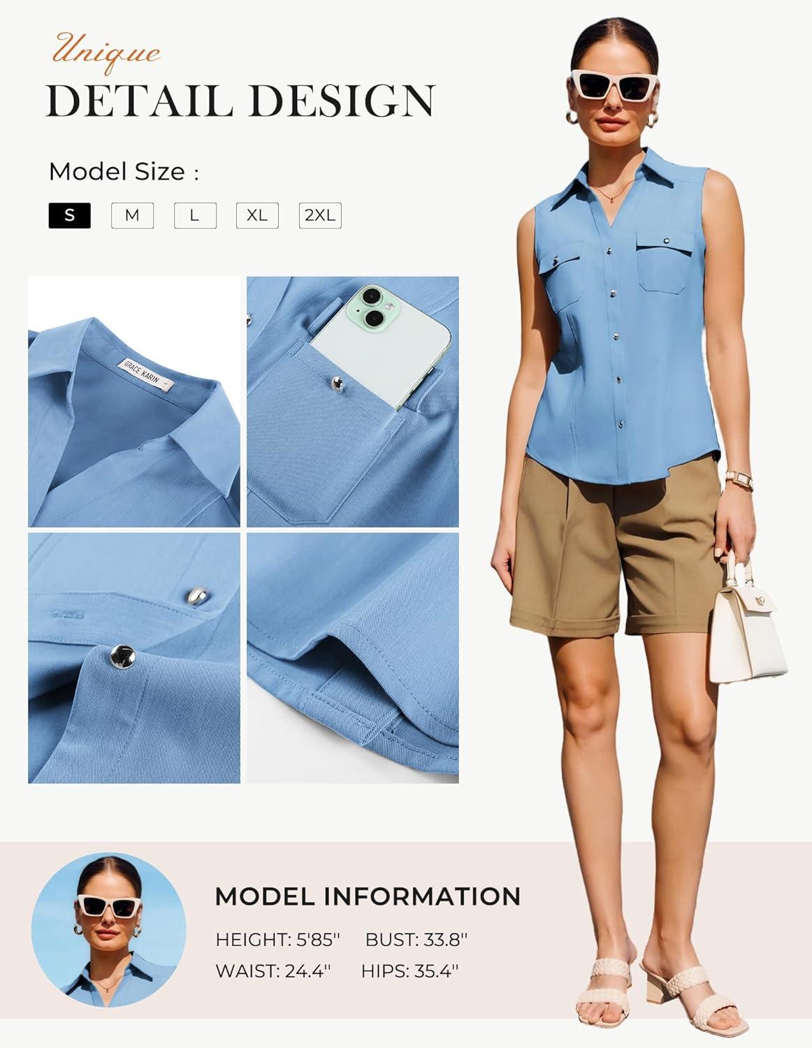 imageGRACE KARIN Women Sleeveless Button Down Shirts Summer Solid Dressy Casual Blouse V Neck Tank Top Business Work 2026 TrendyLight Blue