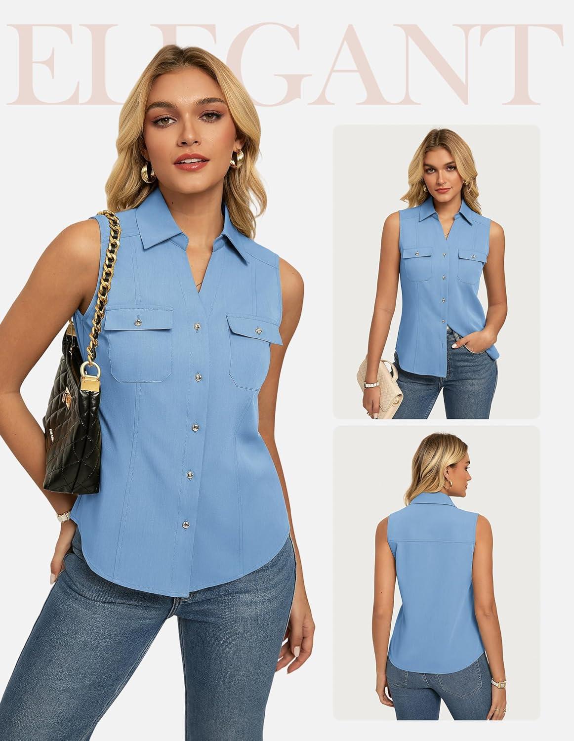 imageGRACE KARIN Women Sleeveless Button Down Shirts Summer Solid Dressy Casual Blouse V Neck Tank Top Business Work 2026 TrendyLight Blue
