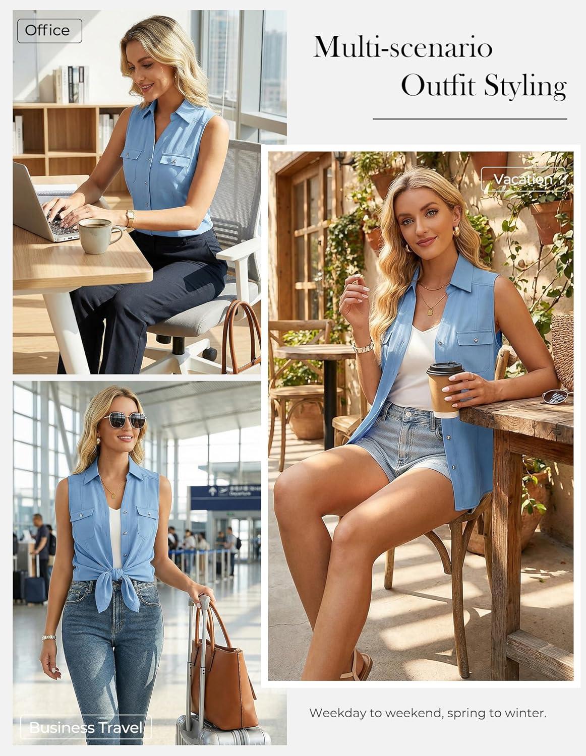 imageGRACE KARIN Women Sleeveless Button Down Shirts Summer Solid Dressy Casual Blouse V Neck Tank Top Business Work 2026 TrendyLight Blue