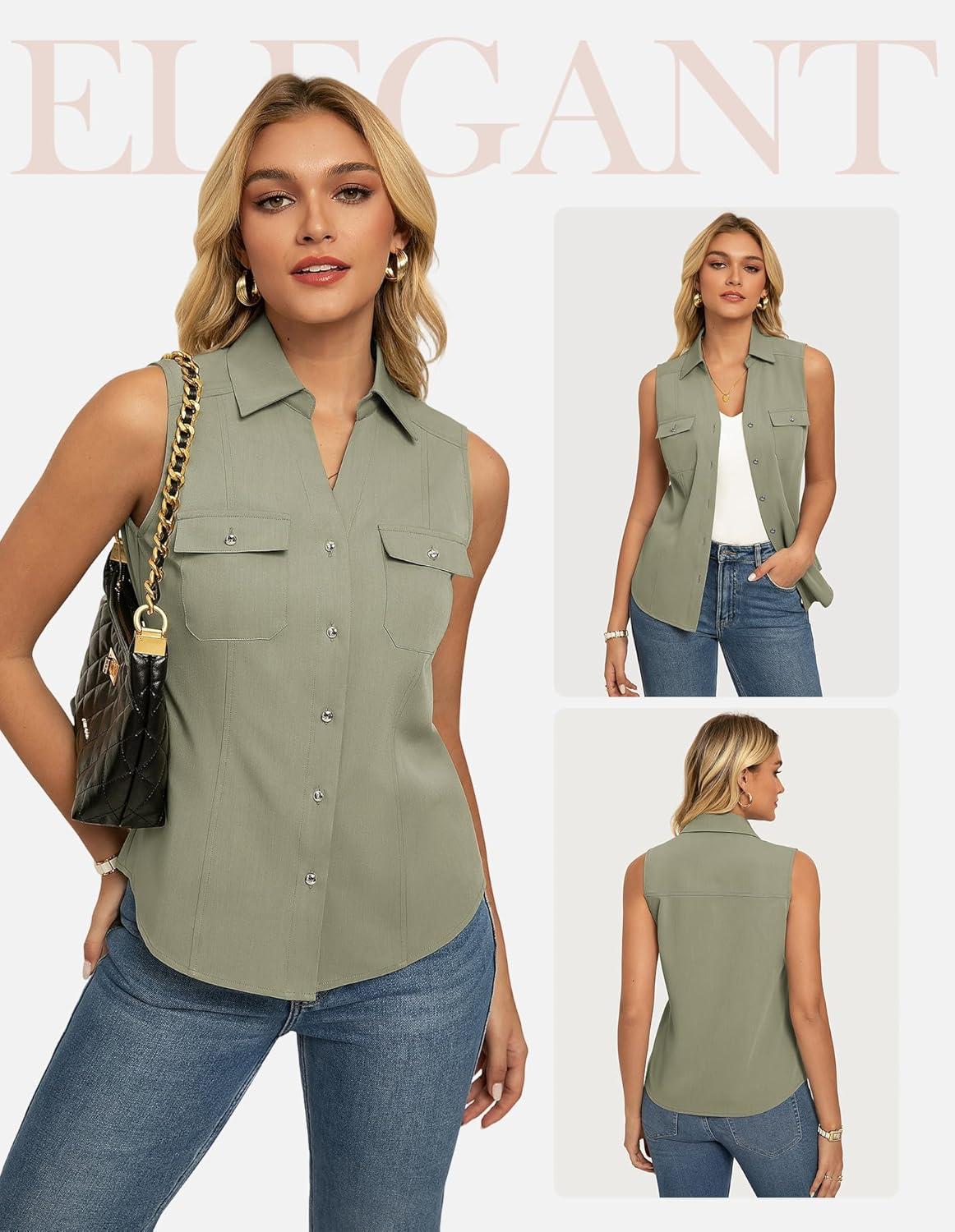 imageGRACE KARIN Women Sleeveless Button Down Shirts Summer Solid Dressy Casual Blouse V Neck Tank Top Business Work 2026 TrendyLight Green