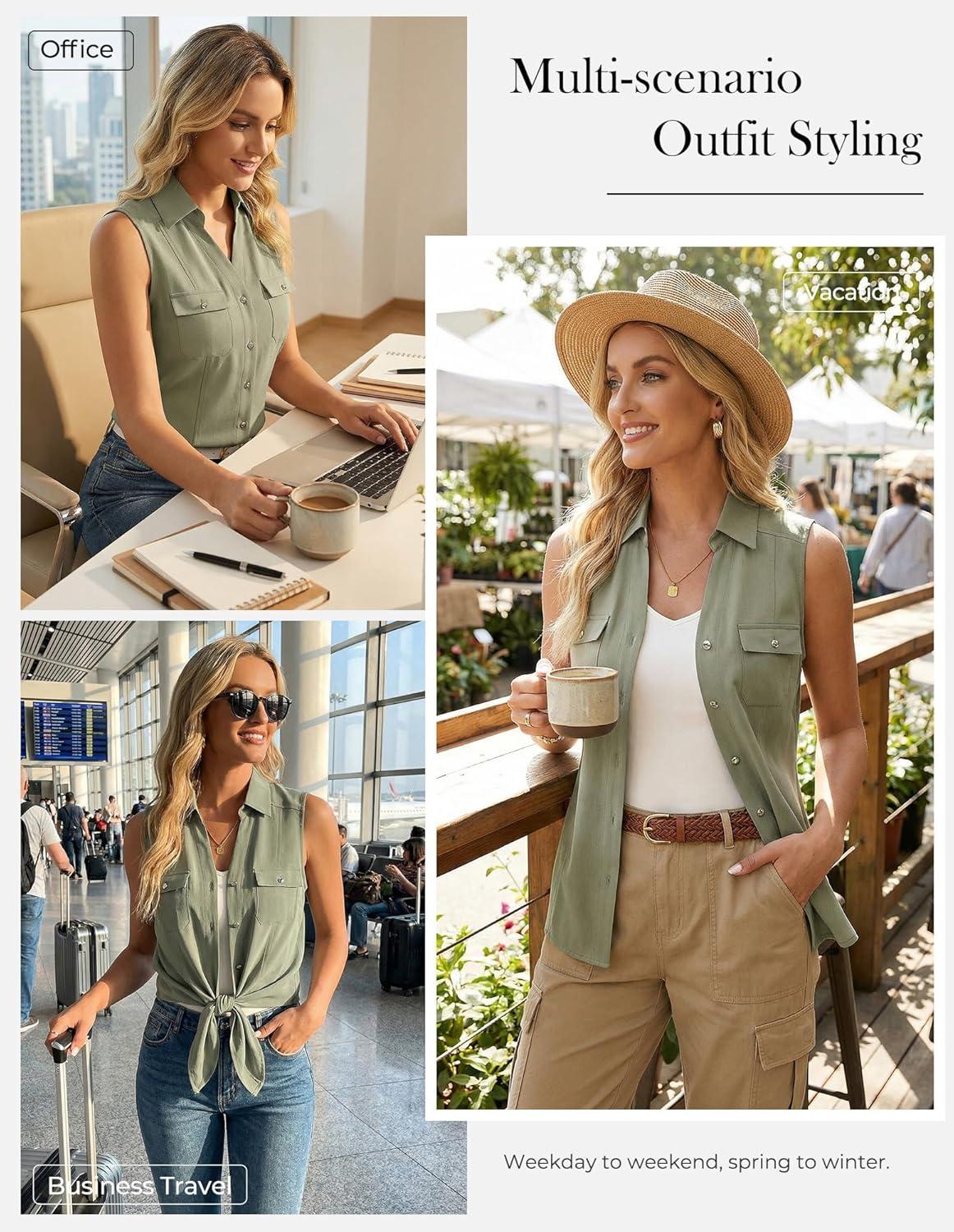imageGRACE KARIN Women Sleeveless Button Down Shirts Summer Solid Dressy Casual Blouse V Neck Tank Top Business Work 2026 TrendyLight Green