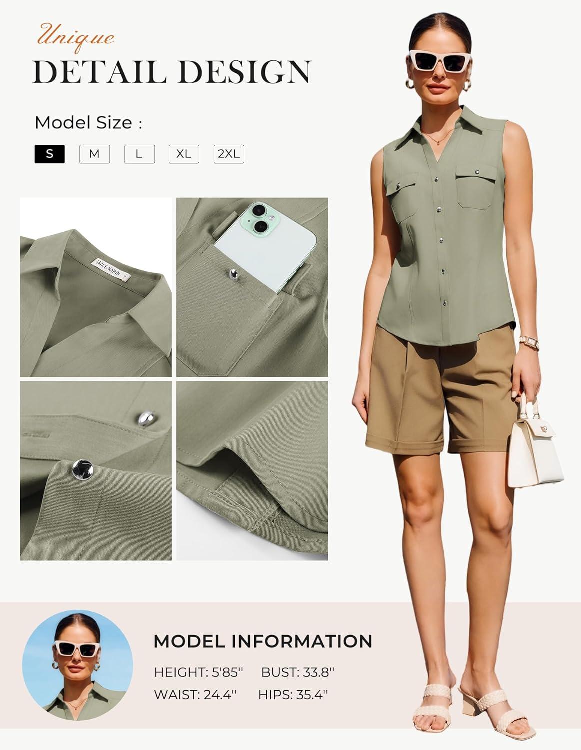 imageGRACE KARIN Women Sleeveless Button Down Shirts Summer Solid Dressy Casual Blouse V Neck Tank Top Business Work 2026 TrendyLight Green