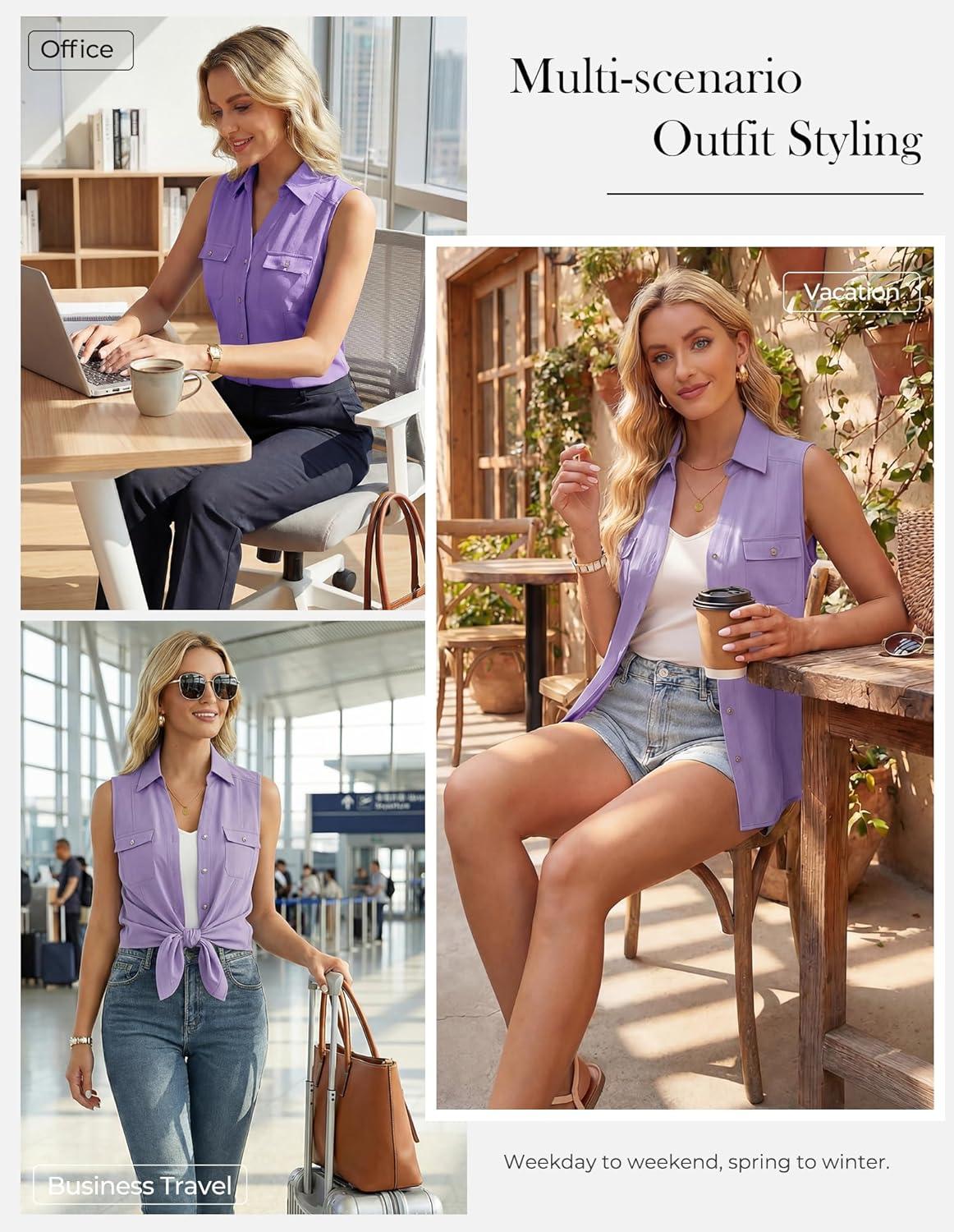 imageGRACE KARIN Women Sleeveless Button Down Shirts Summer Solid Dressy Casual Blouse V Neck Tank Top Business Work 2026 TrendyLight Purple