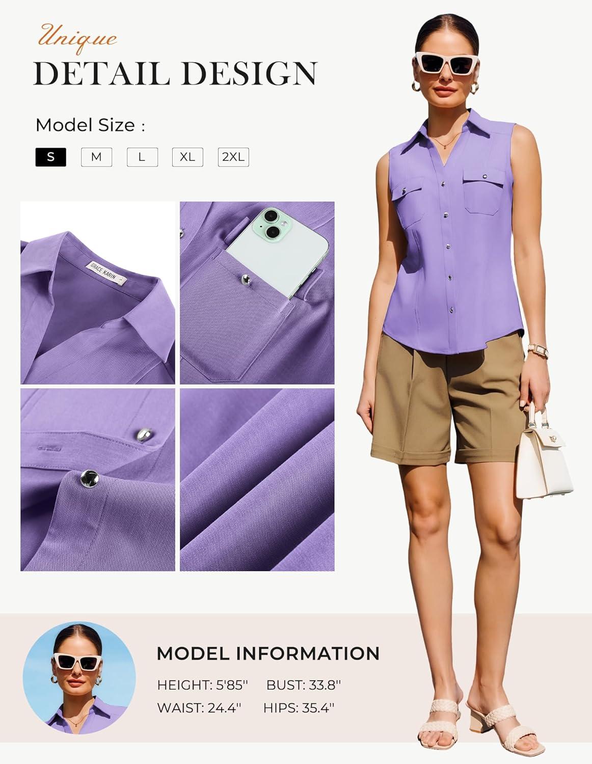imageGRACE KARIN Women Sleeveless Button Down Shirts Summer Solid Dressy Casual Blouse V Neck Tank Top Business Work 2026 TrendyLight Purple
