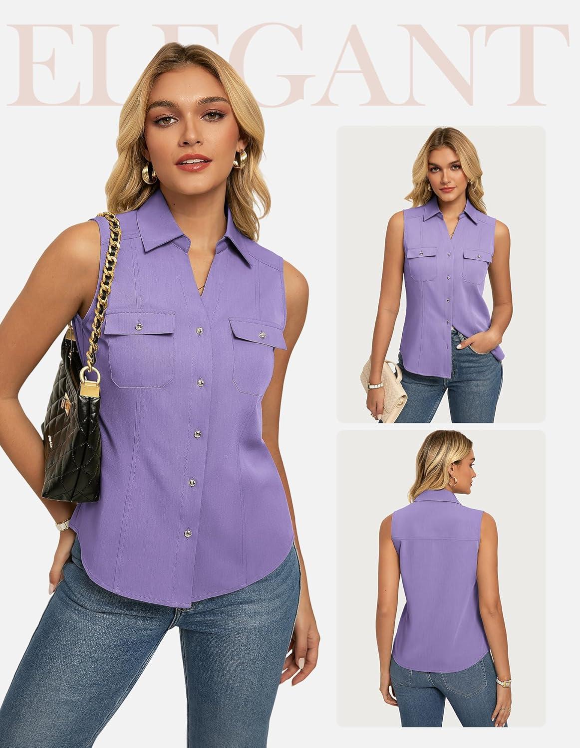 imageGRACE KARIN Women Sleeveless Button Down Shirts Summer Solid Dressy Casual Blouse V Neck Tank Top Business Work 2026 TrendyLight Purple