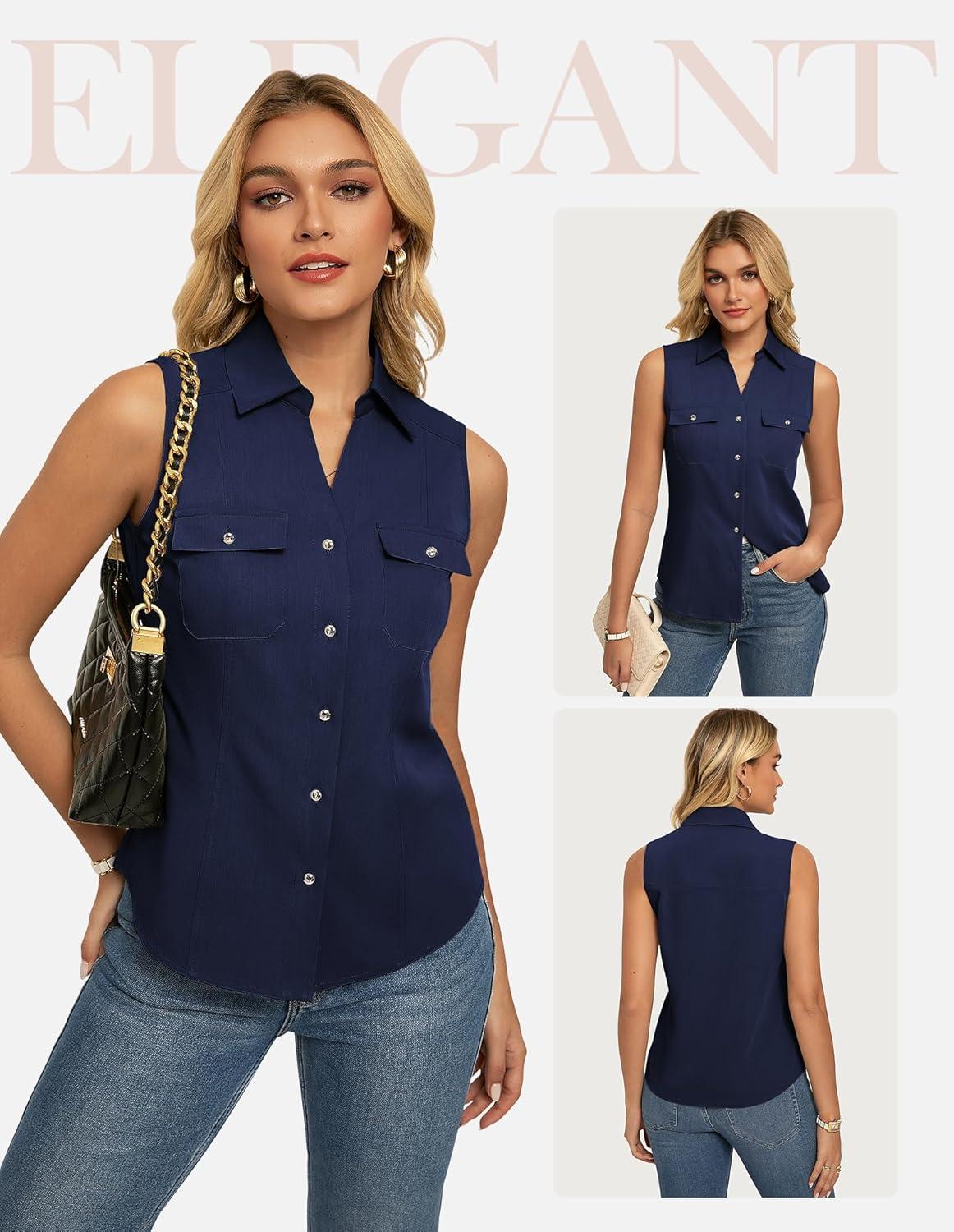 imageGRACE KARIN Women Sleeveless Button Down Shirts Summer Solid Dressy Casual Blouse V Neck Tank Top Business Work 2026 TrendyNavy Blue