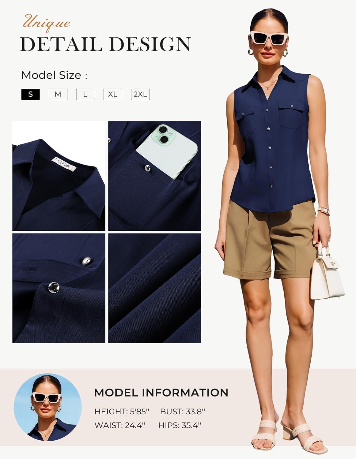 imageGRACE KARIN Women Sleeveless Button Down Shirts Summer Solid Dressy Casual Blouse V Neck Tank Top Business Work 2026 TrendyNavy Blue