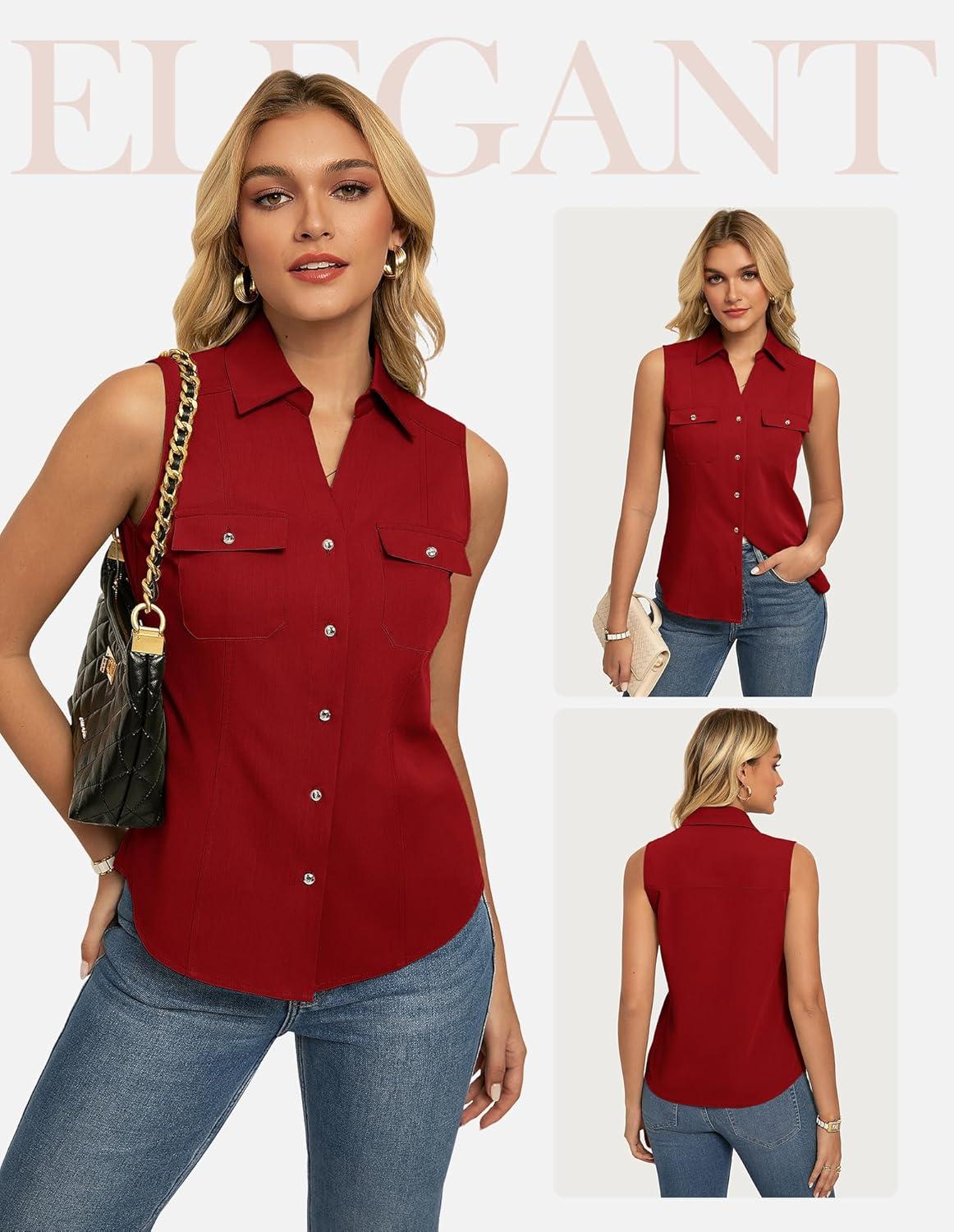 imageGRACE KARIN Women Sleeveless Button Down Shirts Summer Solid Dressy Casual Blouse V Neck Tank Top Business Work 2026 TrendyRed