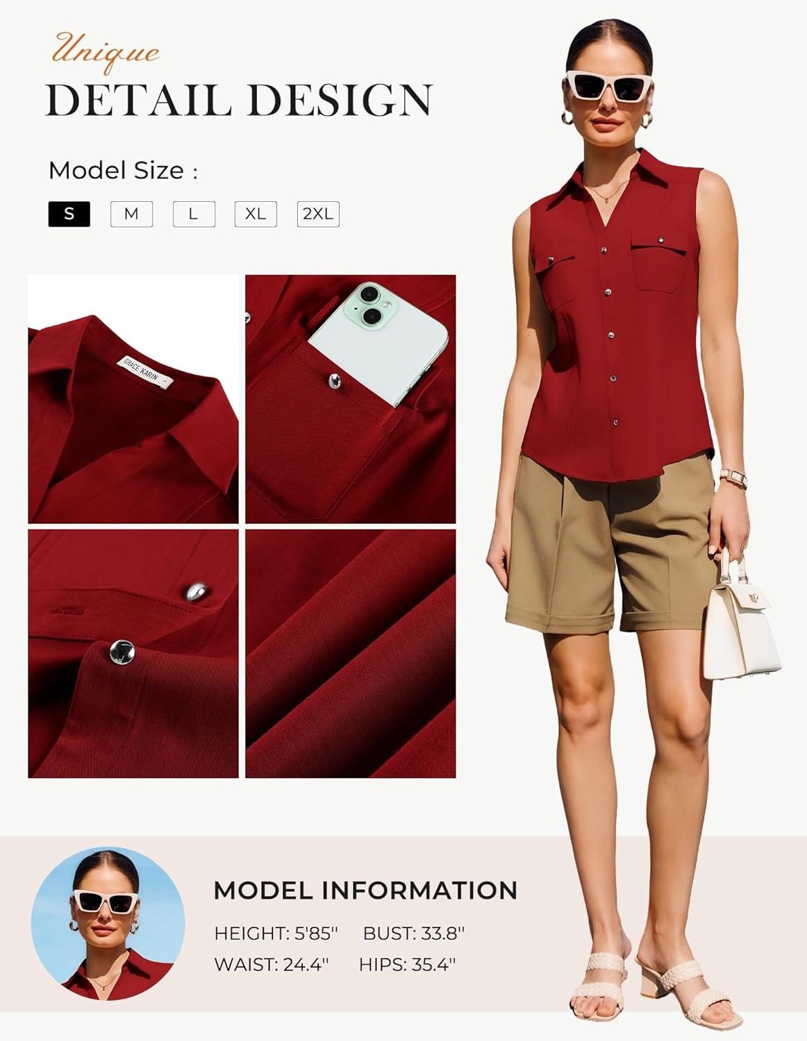 imageGRACE KARIN Women Sleeveless Button Down Shirts Summer Solid Dressy Casual Blouse V Neck Tank Top Business Work 2026 TrendyRed