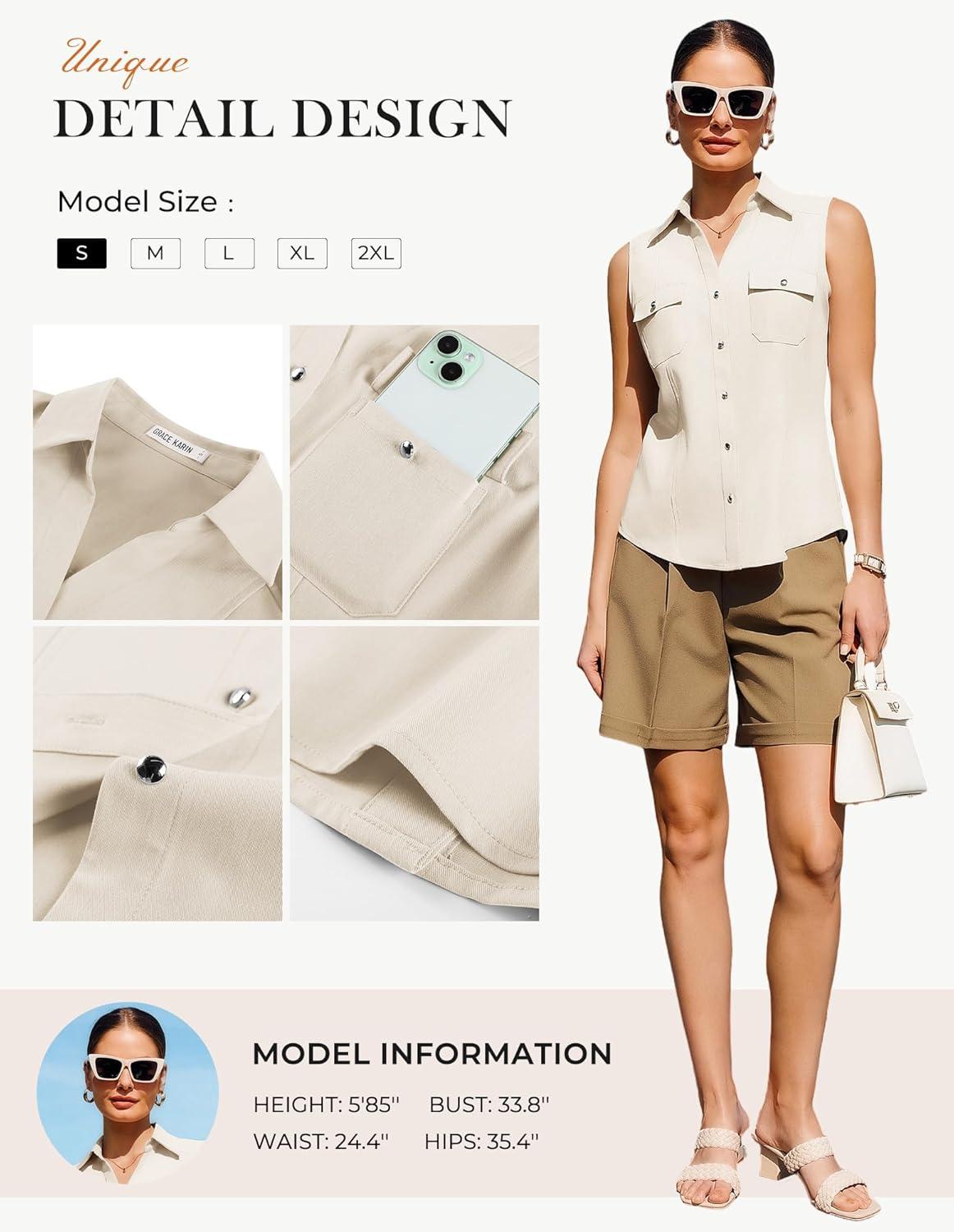 imageGRACE KARIN Women Sleeveless Button Down Shirts Summer Solid Dressy Casual Blouse V Neck Tank Top Business Work 2026 TrendyWhite