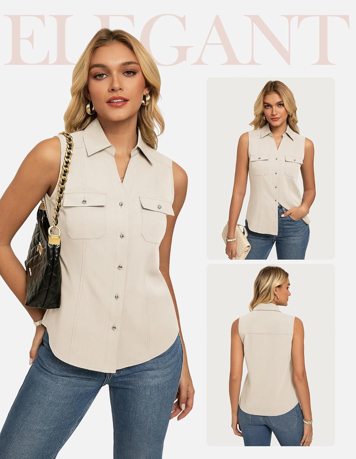 imageGRACE KARIN Women Sleeveless Button Down Shirts Summer Solid Dressy Casual Blouse V Neck Tank Top Business Work 2026 TrendyWhite