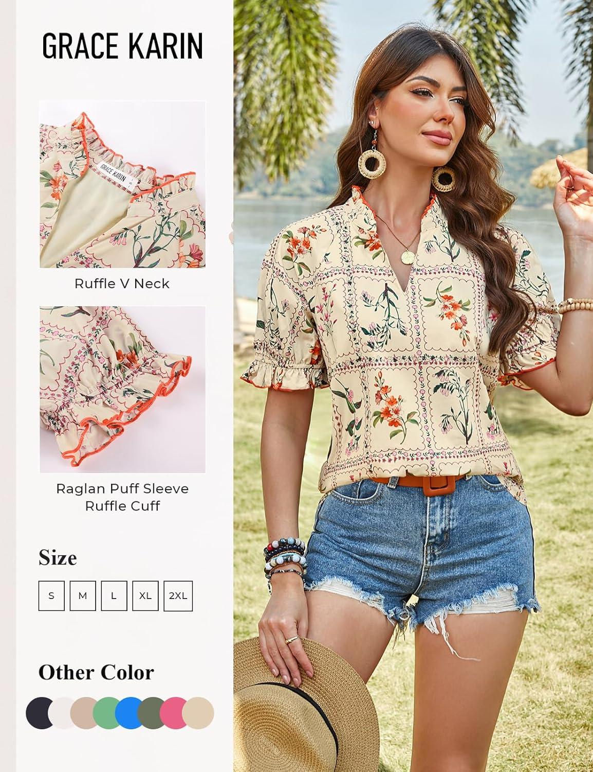 imageGRACE KARIN Womens Boho Tops Summer Spring Cotton Floral Blouses Short Sleeve Print Shirts V Neck Beach Vacation Clothes 2026Beige Plaid Floral