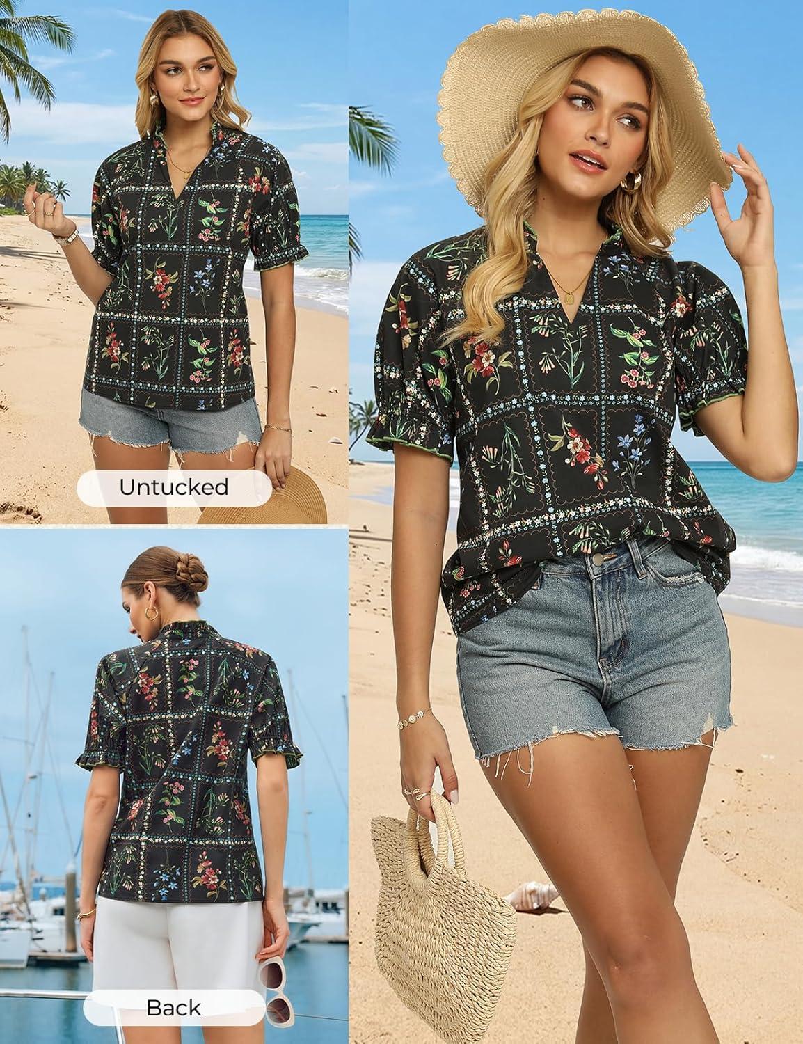 imageGRACE KARIN Womens Boho Tops Summer Spring Cotton Floral Blouses Short Sleeve Print Shirts V Neck Beach Vacation Clothes 2026Black Plaid Floral