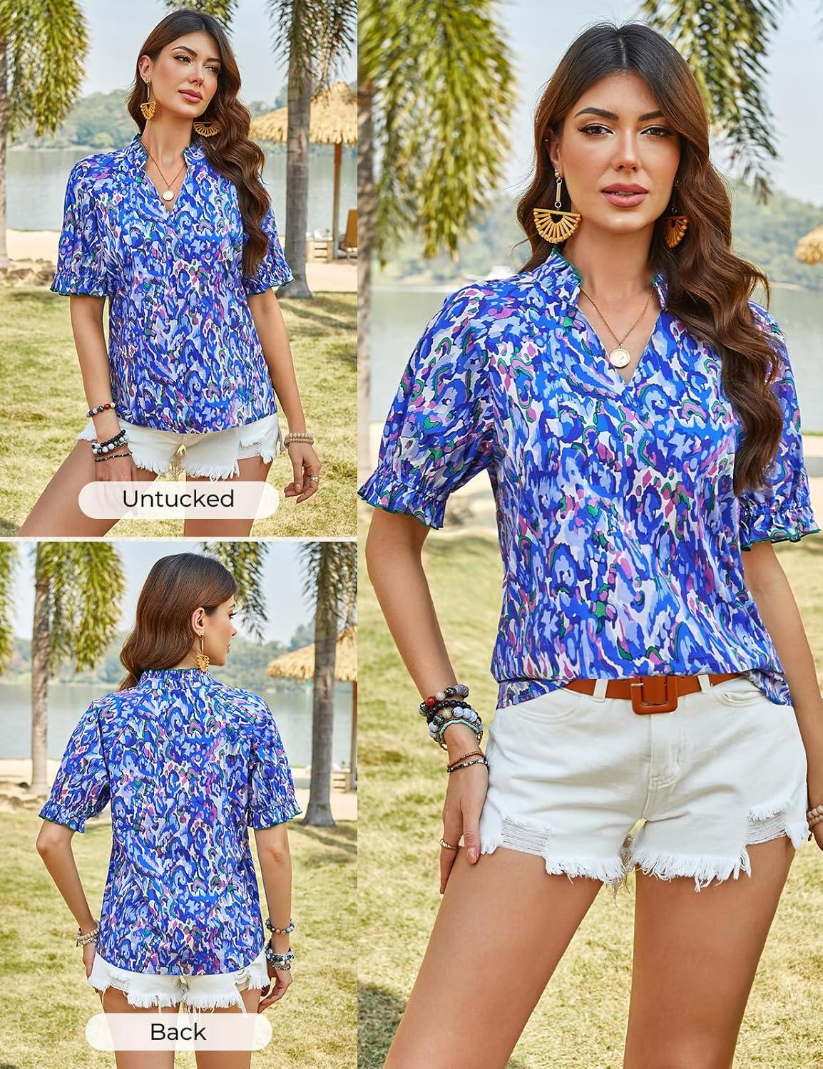 imageGRACE KARIN Womens Boho Tops Summer Spring Cotton Floral Blouses Short Sleeve Print Shirts V Neck Beach Vacation Clothes 2026Blue Wave Floral