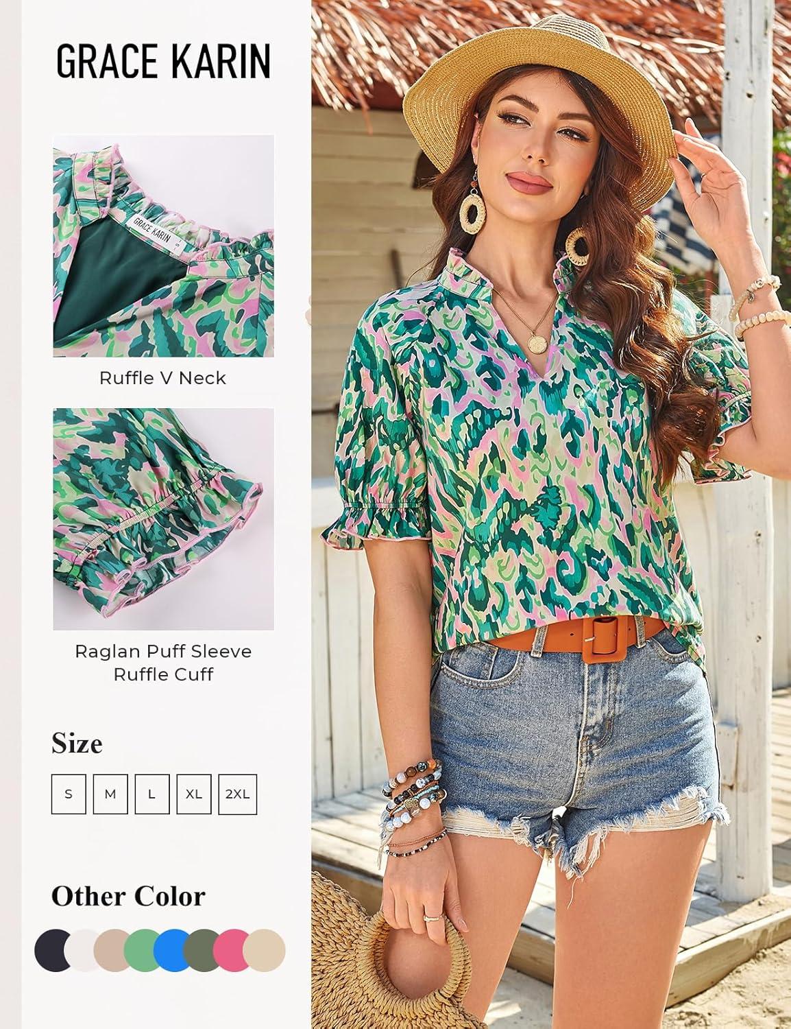 imageGRACE KARIN Womens Boho Tops Summer Spring Cotton Floral Blouses Short Sleeve Print Shirts V Neck Beach Vacation Clothes 2026Green Wave Floral