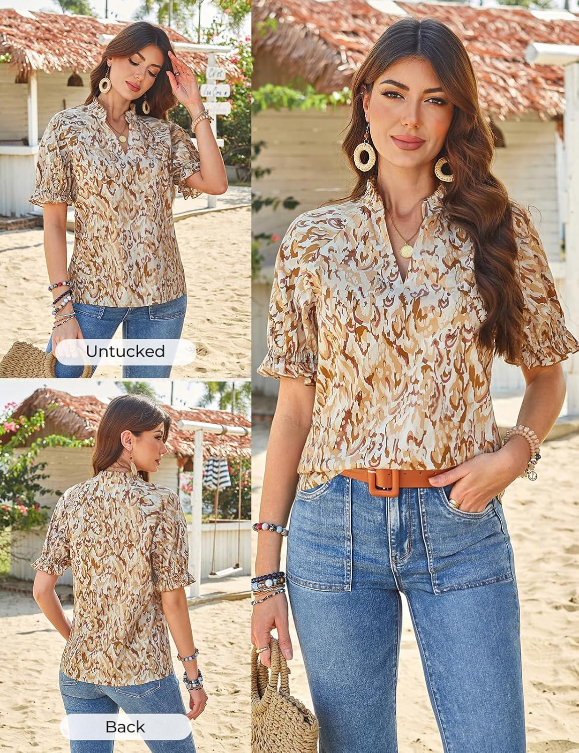 imageGRACE KARIN Womens Boho Tops Summer Spring Cotton Floral Blouses Short Sleeve Print Shirts V Neck Beach Vacation Clothes 2026Khaki Wave Floral