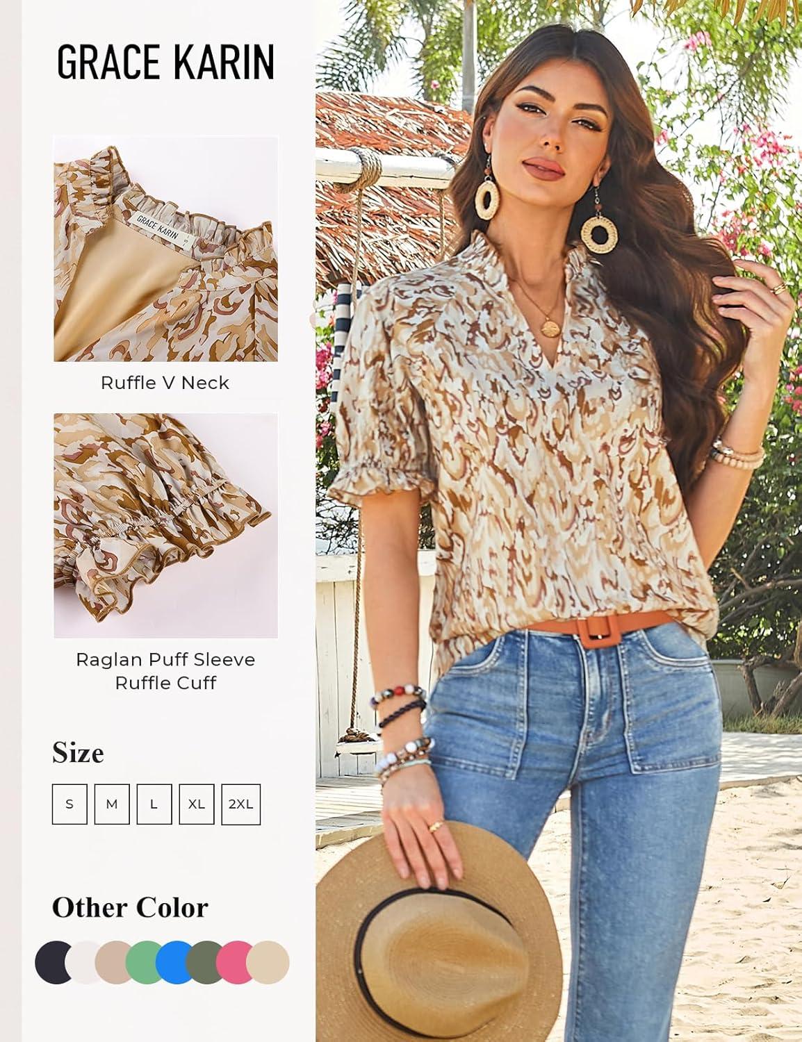 imageGRACE KARIN Womens Boho Tops Summer Spring Cotton Floral Blouses Short Sleeve Print Shirts V Neck Beach Vacation Clothes 2026Khaki Wave Floral
