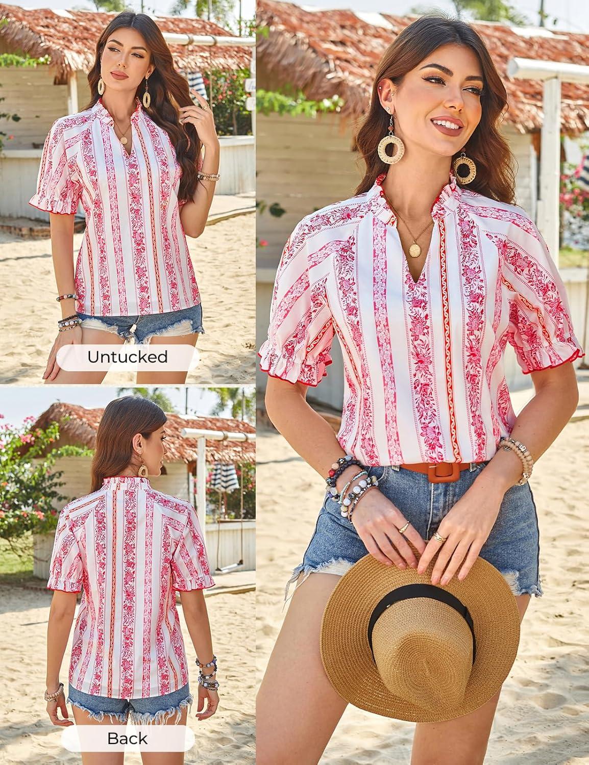 imageGRACE KARIN Womens Boho Tops Summer Spring Cotton Floral Blouses Short Sleeve Print Shirts V Neck Beach Vacation Clothes 2026Pink White Striped Floral