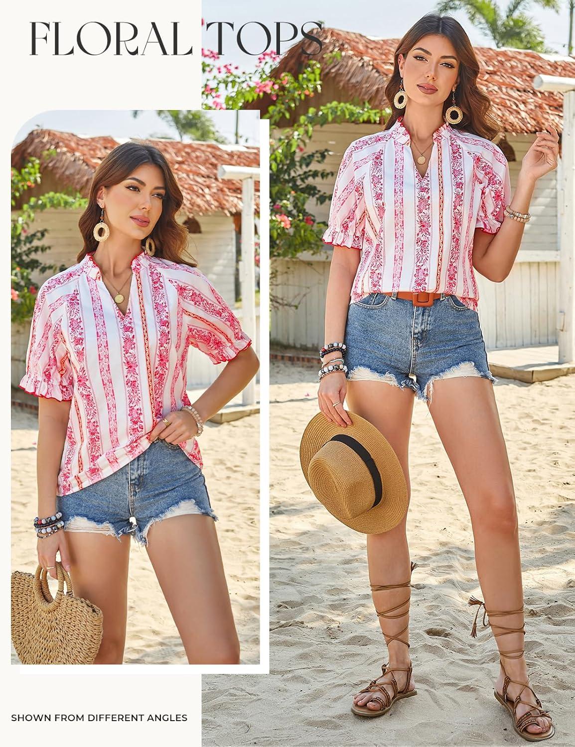 imageGRACE KARIN Womens Boho Tops Summer Spring Cotton Floral Blouses Short Sleeve Print Shirts V Neck Beach Vacation Clothes 2026Pink White Striped Floral