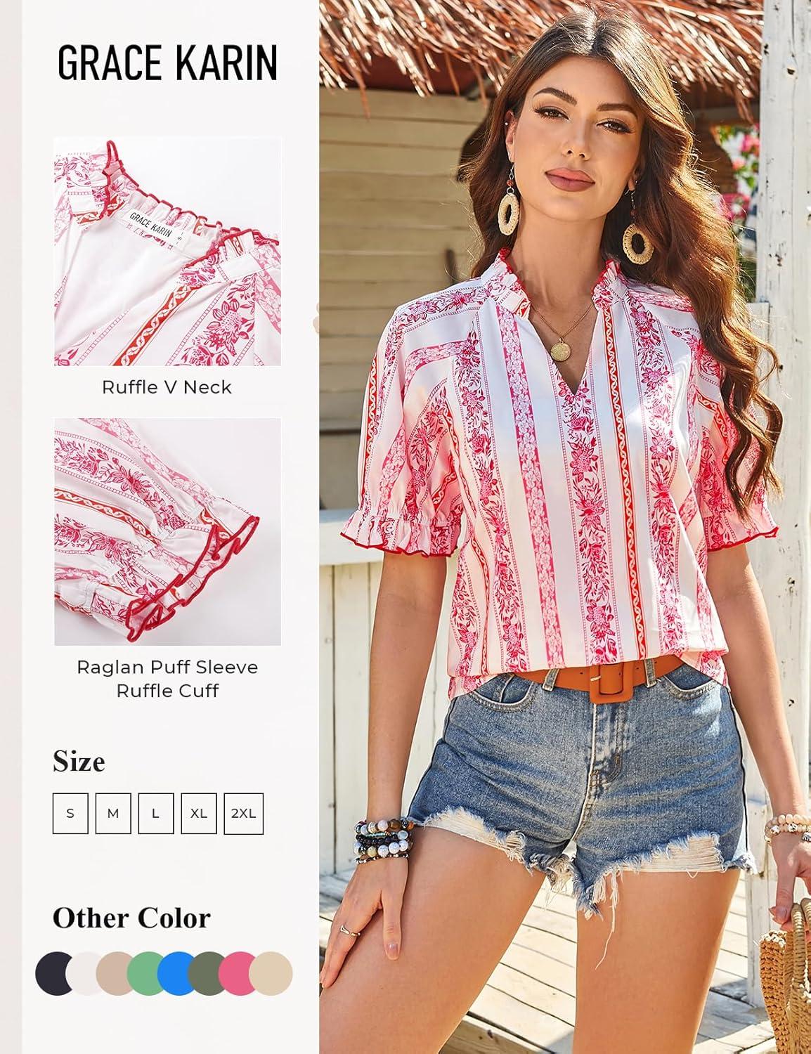 imageGRACE KARIN Womens Boho Tops Summer Spring Cotton Floral Blouses Short Sleeve Print Shirts V Neck Beach Vacation Clothes 2026Pink White Striped Floral