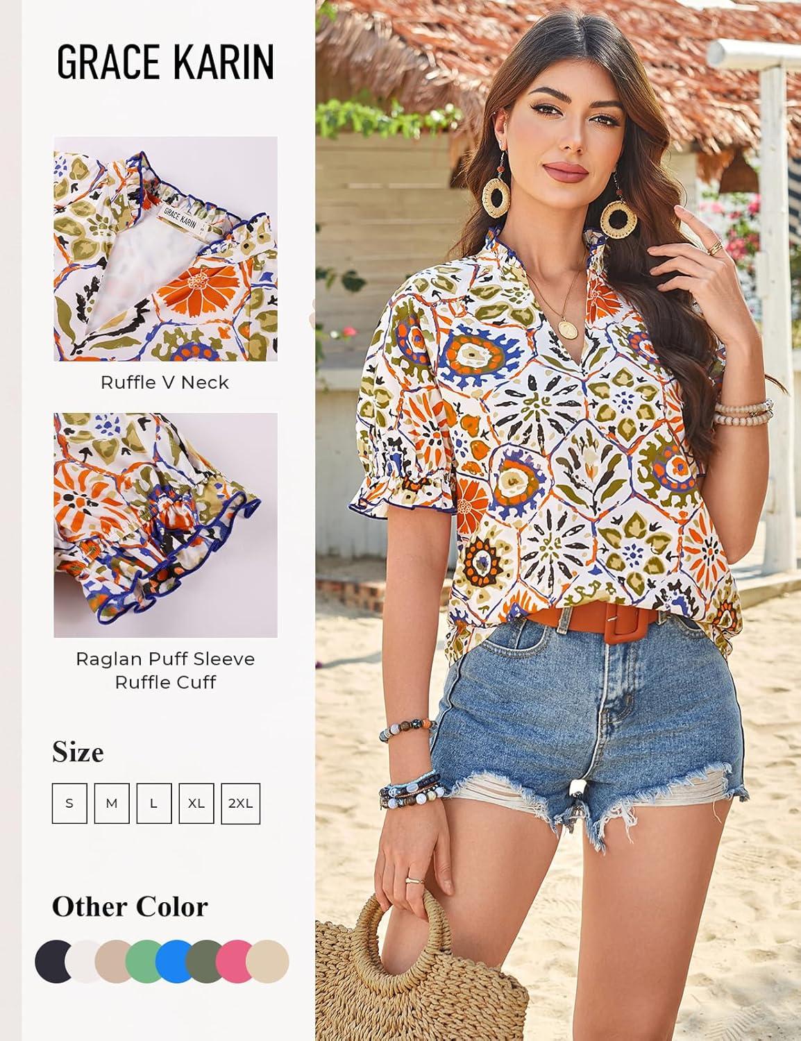 imageGRACE KARIN Womens Boho Tops Summer Spring Cotton Floral Blouses Short Sleeve Print Shirts V Neck Beach Vacation Clothes 2026White Orange Hexagonal Floral