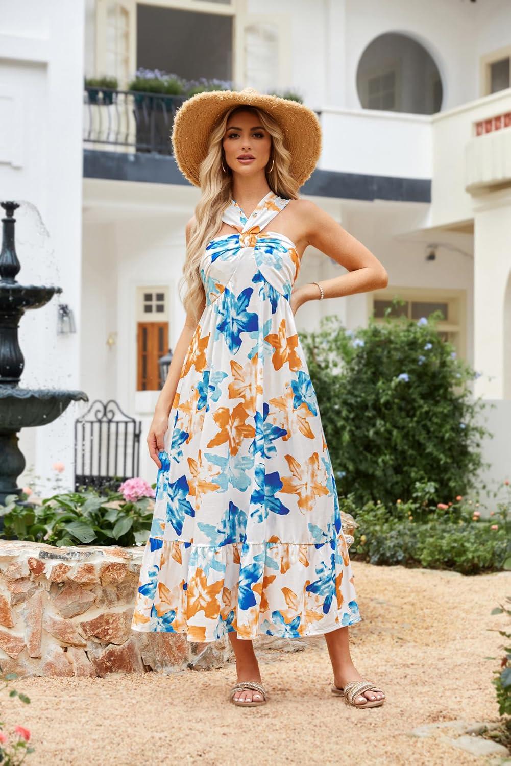 imageGRACE KARIN Womens Summer Floral Dresses 2026 Boho Maxi Dress Flowy Halter Sundress Casual Vacation Beach Clothes with PocketBlue Brown