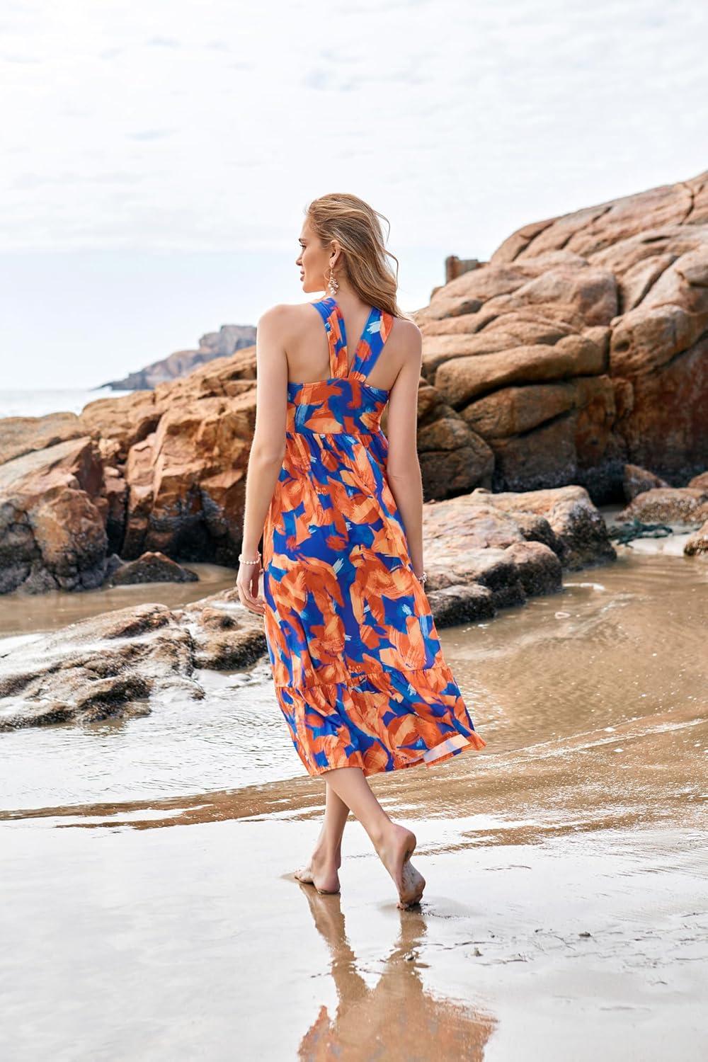 imageGRACE KARIN Womens Summer Floral Dresses 2026 Boho Maxi Dress Flowy Halter Sundress Casual Vacation Beach Clothes with PocketBlue Flowers