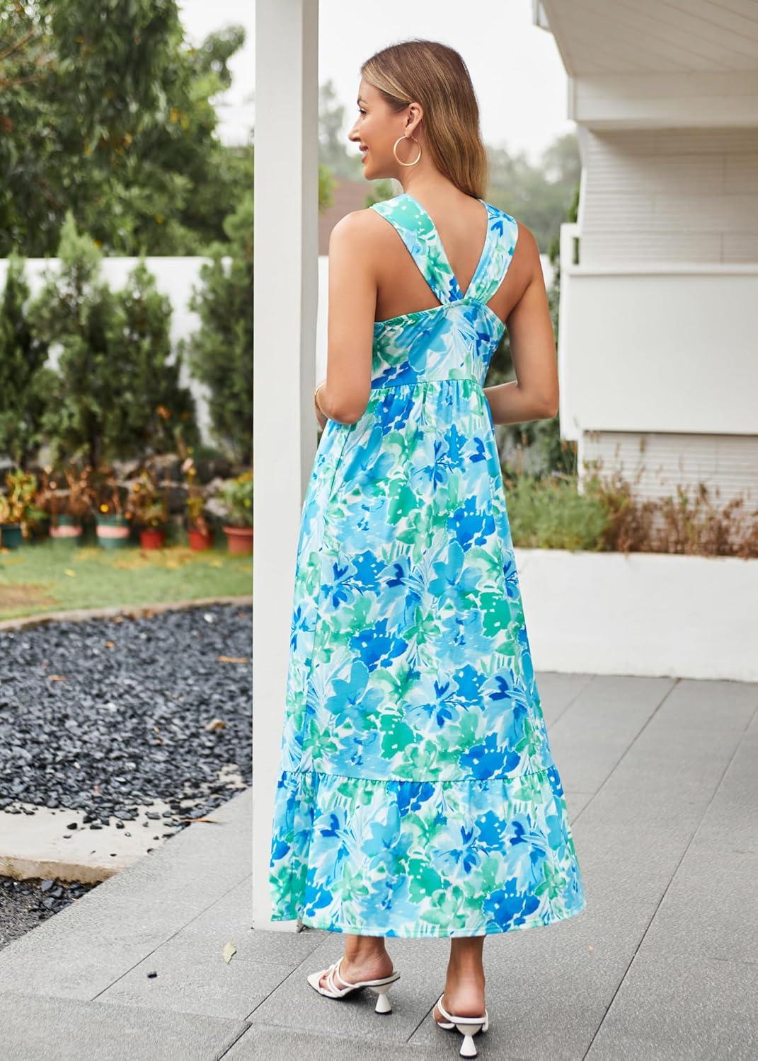imageGRACE KARIN Womens Summer Floral Dresses 2026 Boho Maxi Dress Flowy Halter Sundress Casual Vacation Beach Clothes with PocketBlue Green
