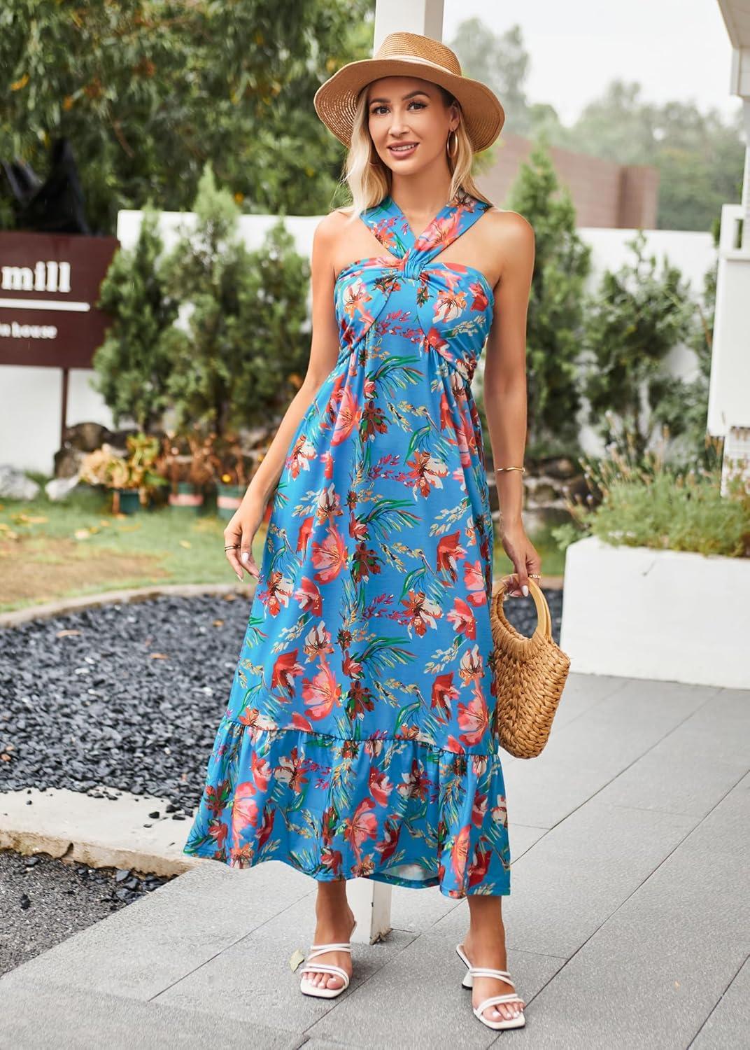 imageGRACE KARIN Womens Summer Floral Dresses 2026 Boho Maxi Dress Flowy Halter Sundress Casual Vacation Beach Clothes with PocketBlue Red