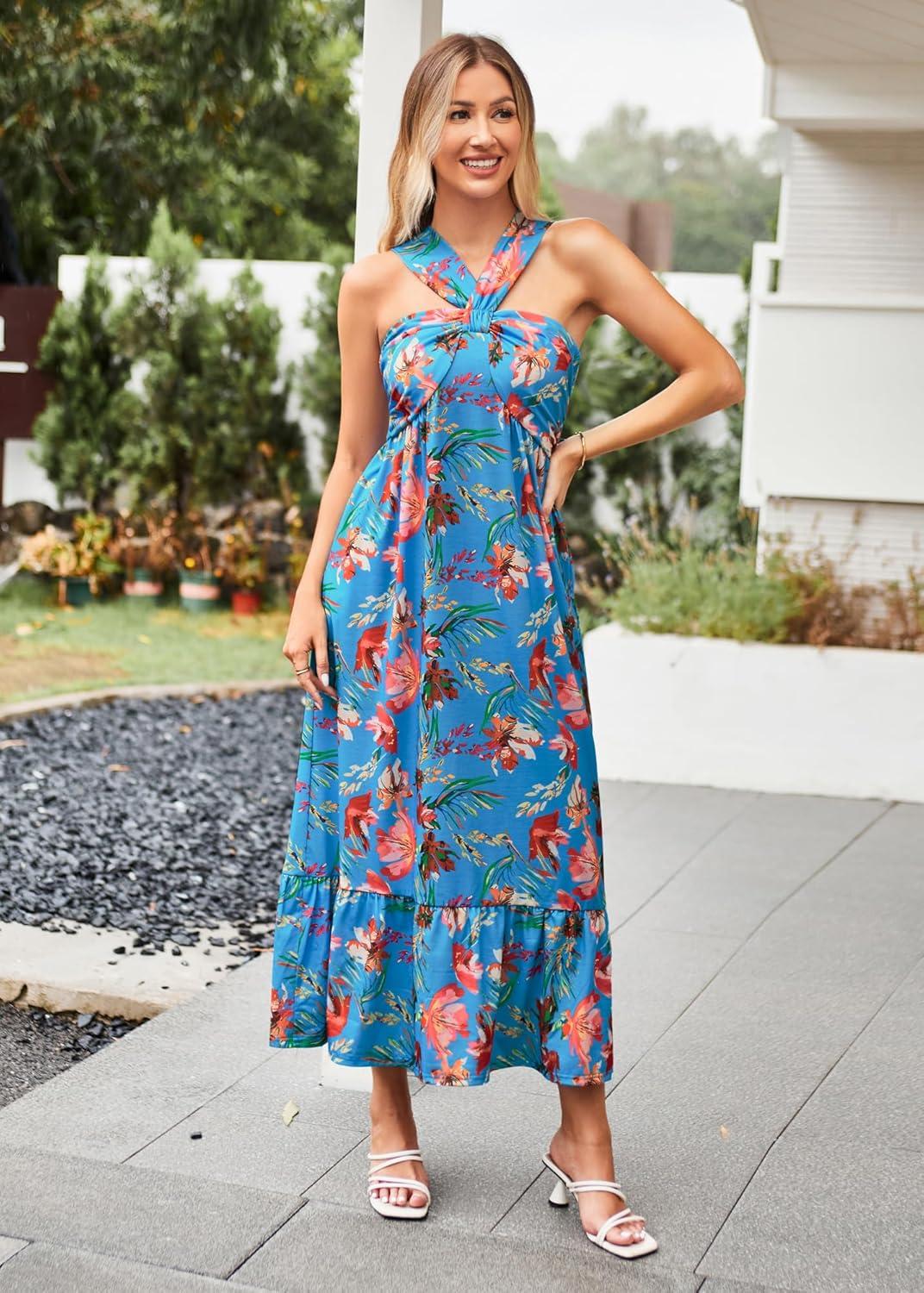 imageGRACE KARIN Womens Summer Floral Dresses 2026 Boho Maxi Dress Flowy Halter Sundress Casual Vacation Beach Clothes with PocketBlue Red
