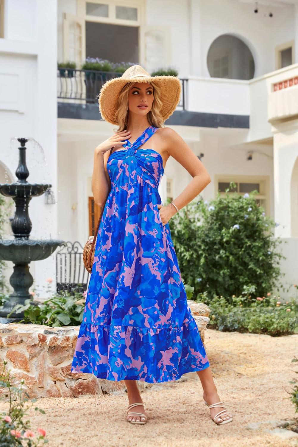 imageGRACE KARIN Womens Summer Floral Dresses 2026 Boho Maxi Dress Flowy Halter Sundress Casual Vacation Beach Clothes with PocketBlue Rush