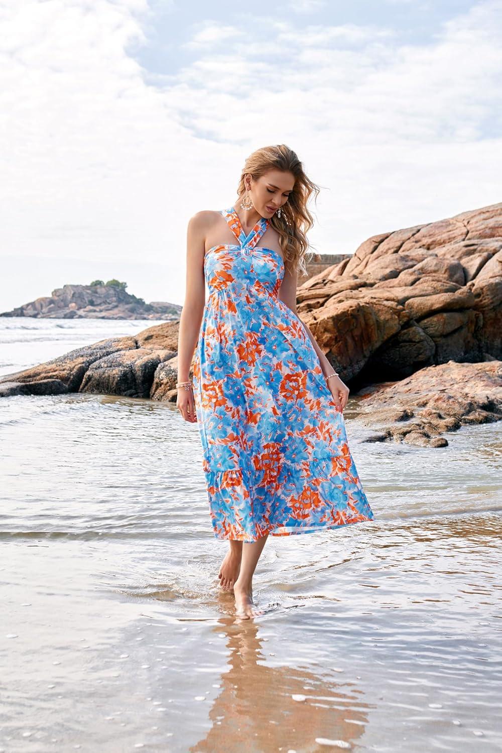 imageGRACE KARIN Womens Summer Floral Dresses 2026 Boho Maxi Dress Flowy Halter Sundress Casual Vacation Beach Clothes with PocketBlue Watercolour