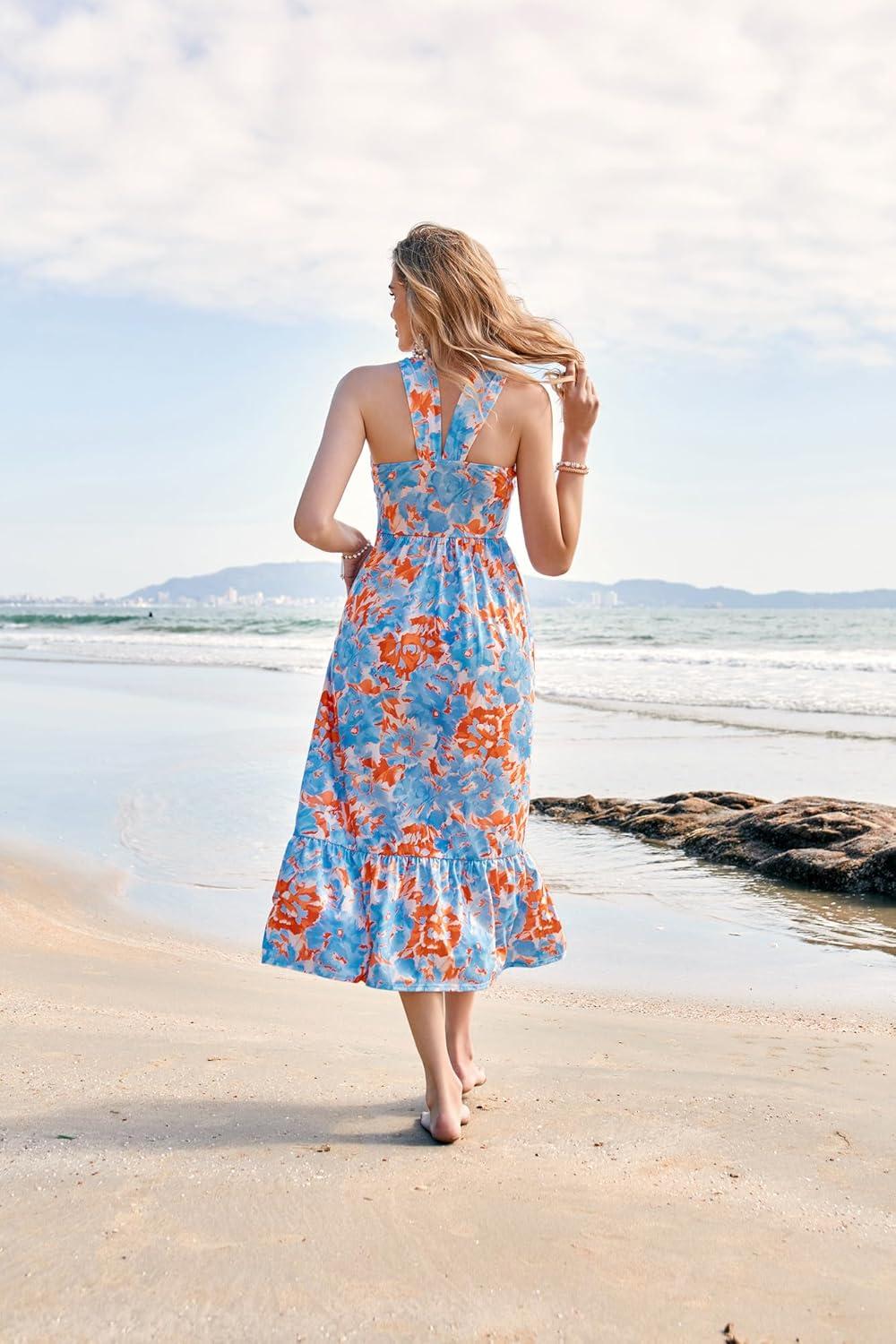 imageGRACE KARIN Womens Summer Floral Dresses 2026 Boho Maxi Dress Flowy Halter Sundress Casual Vacation Beach Clothes with PocketBlue Watercolour