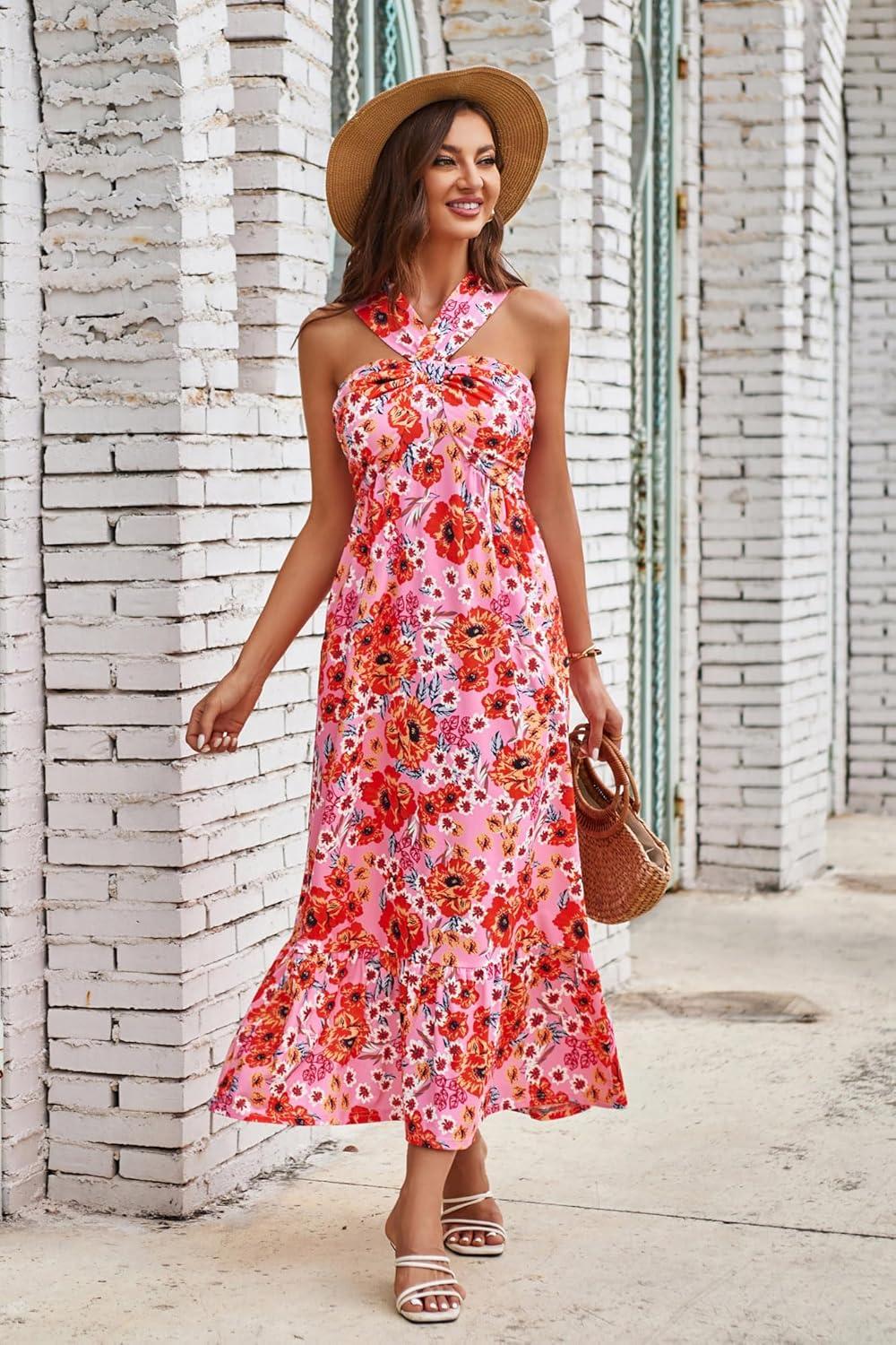 imageGRACE KARIN Womens Summer Floral Dresses 2026 Boho Maxi Dress Flowy Halter Sundress Casual Vacation Beach Clothes with PocketBrightpink