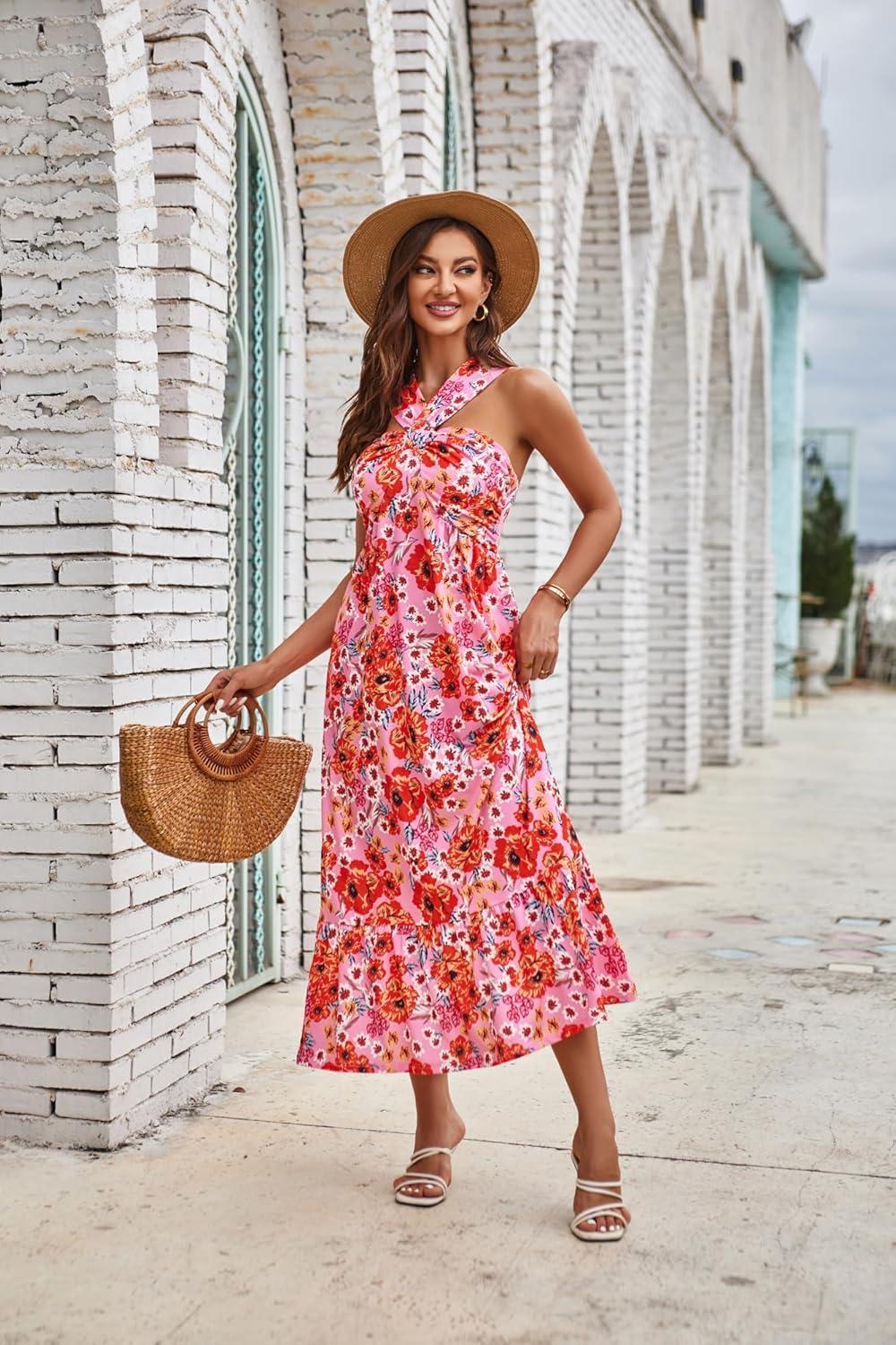 imageGRACE KARIN Womens Summer Floral Dresses 2026 Boho Maxi Dress Flowy Halter Sundress Casual Vacation Beach Clothes with PocketBrightpink