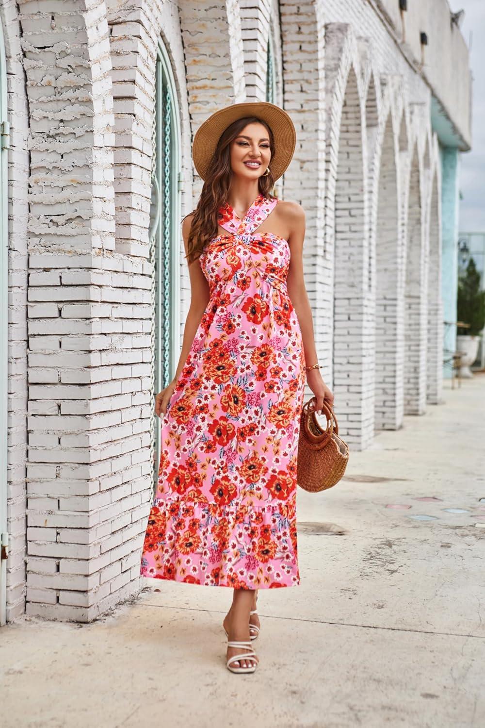 imageGRACE KARIN Womens Summer Floral Dresses 2026 Boho Maxi Dress Flowy Halter Sundress Casual Vacation Beach Clothes with PocketBrightpink